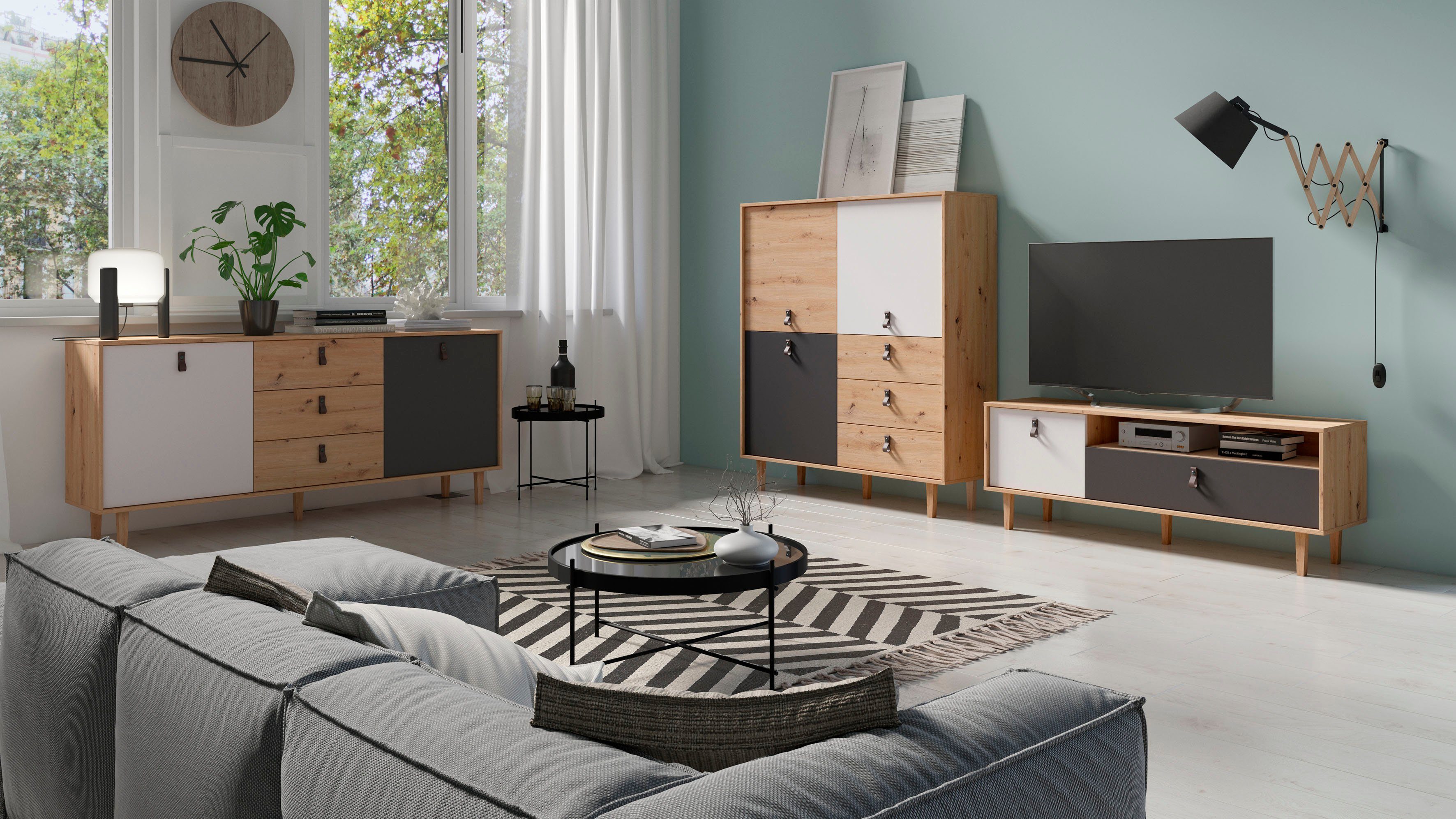 Homexperts Highboard Bristol, Breite 120 cm, Höhe 135 cm, mit massiven Eichefüßen