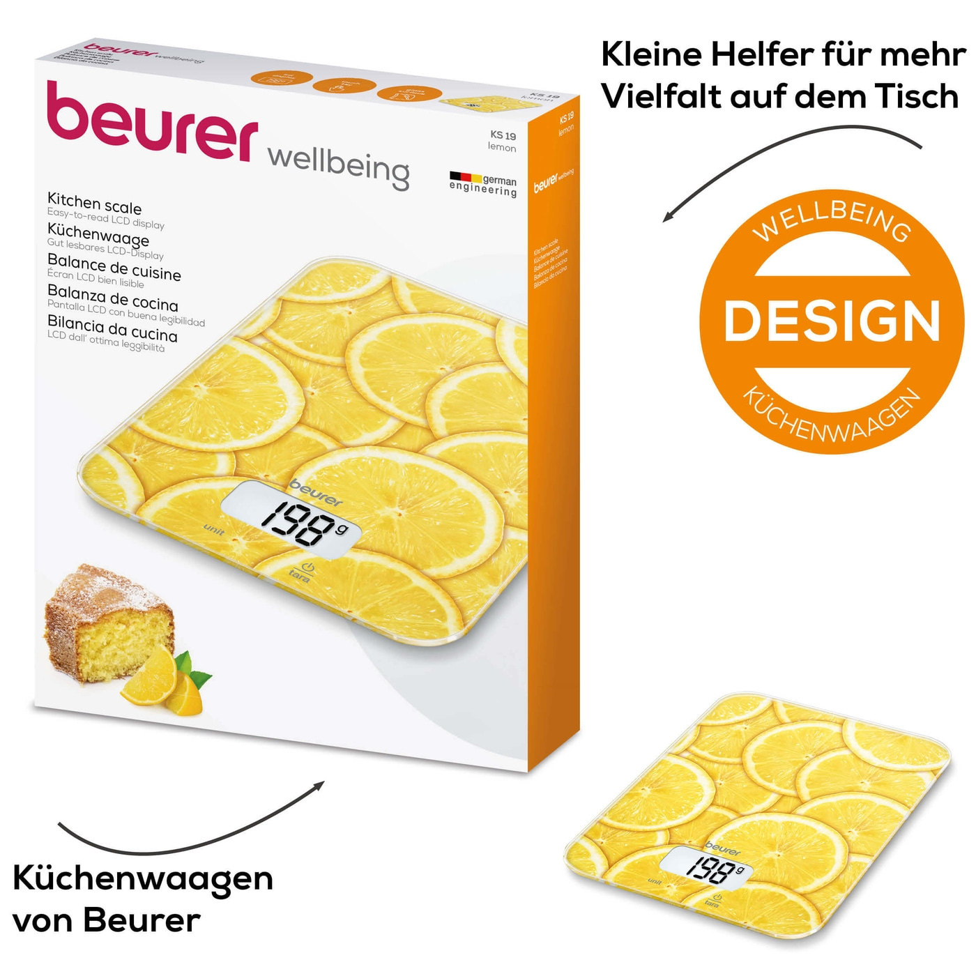 Beurer Küchenwaage KS 19 Lemon-Küchenwaage mit stylischer Glasoberfläche & Tarafunktion