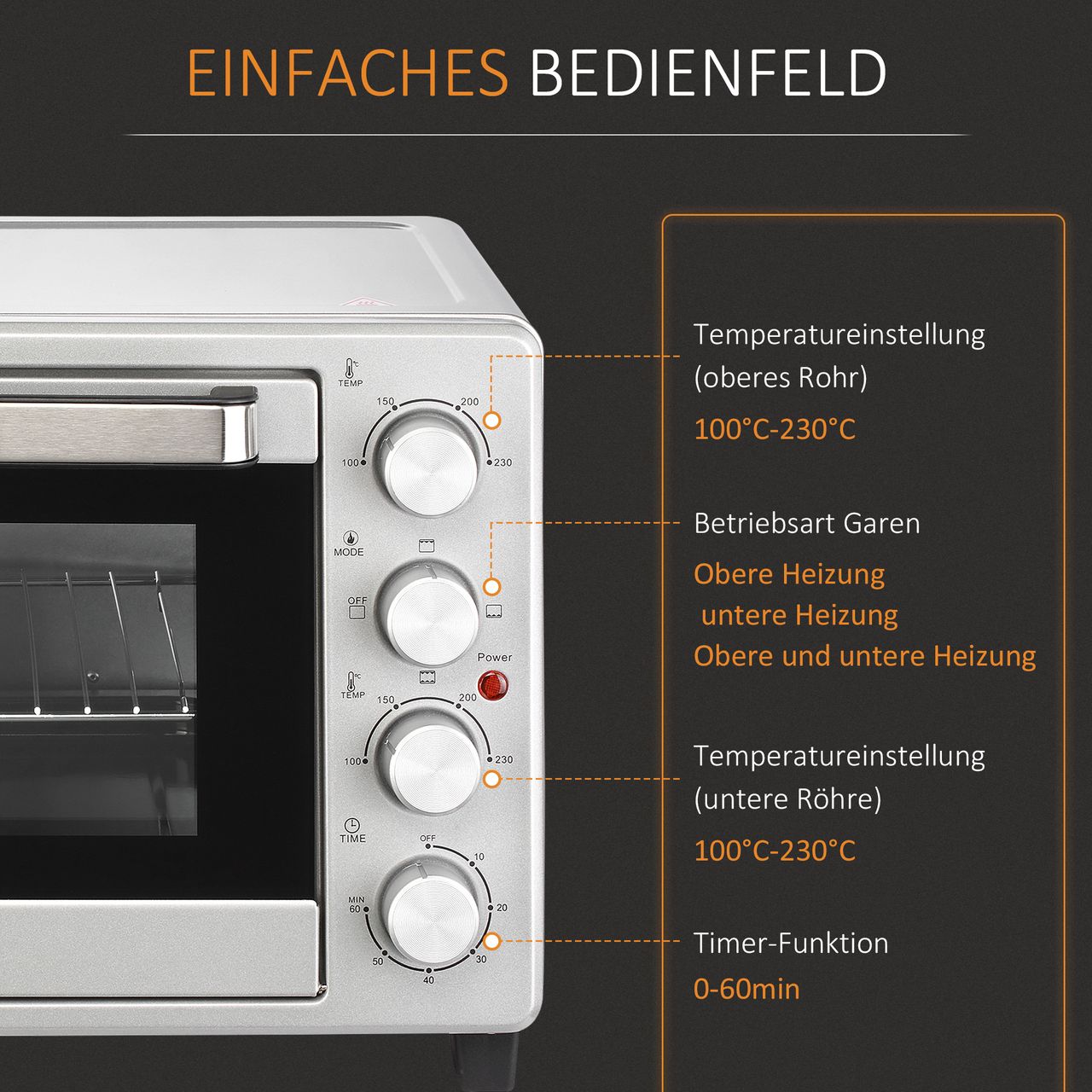 HOMCOM Minibackofen 32L mit Kochplatten 1600W Elektrischer Mini Ofen Drehspieß Boden mit Schlackenauffangwanne Metall Edelstahl Glas Silber 52,2 x 38,1 x 33,5 cm