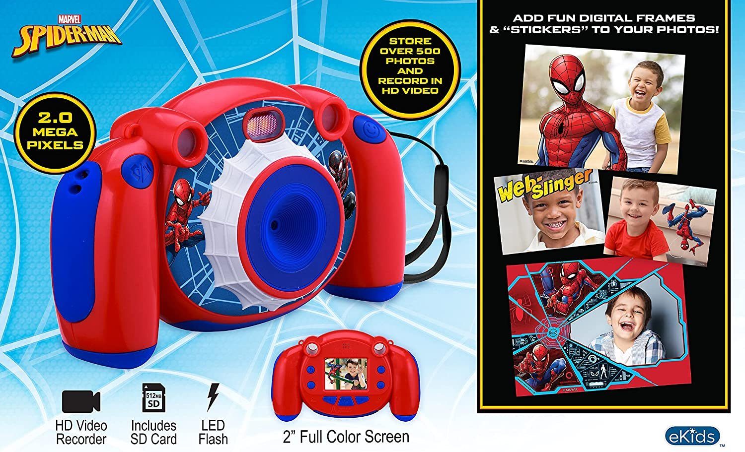 eKids Spiderman Kinderkamera Kinderkamera (mit Foto- und Videofunktion, mit lustigen Bearbeitungsfunktionen)