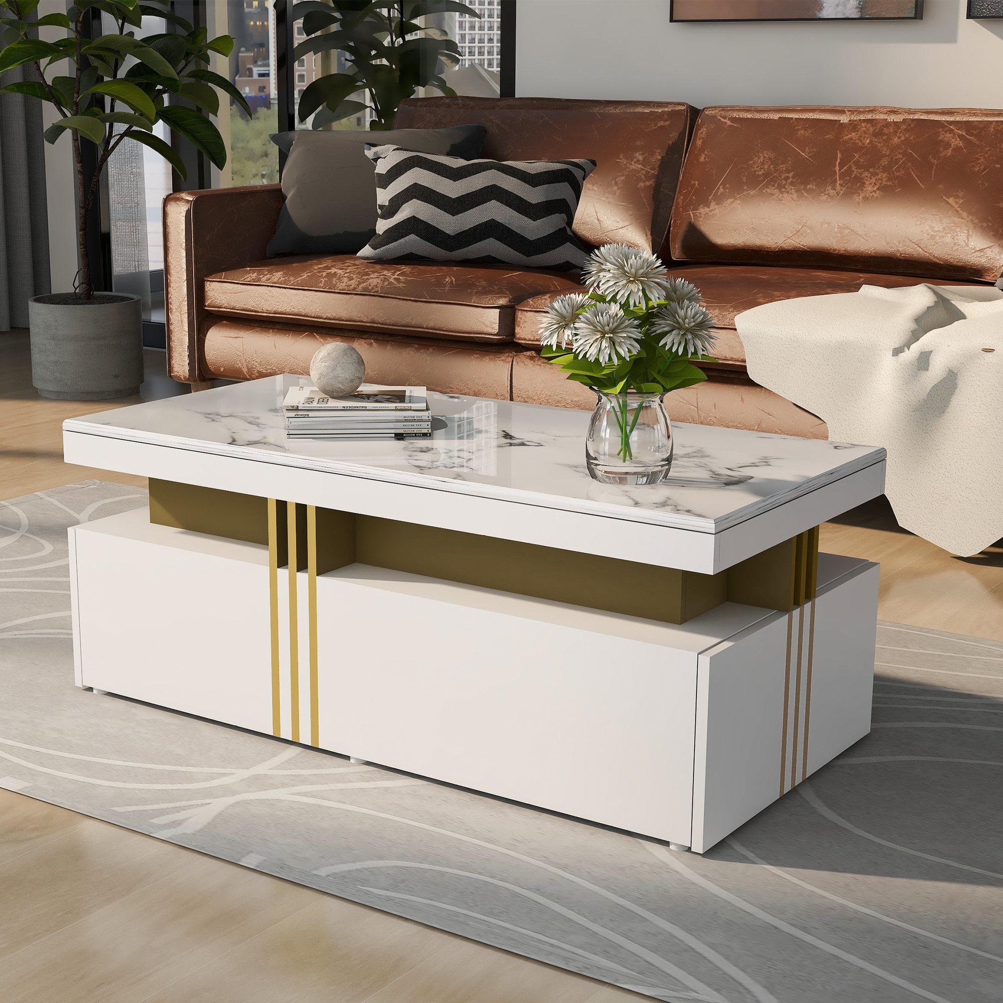 Odikalo Couchtisch Teetisch rechteckig Wohnzimmer 2 Holzschubladen Marmor Schwarz/Weiß