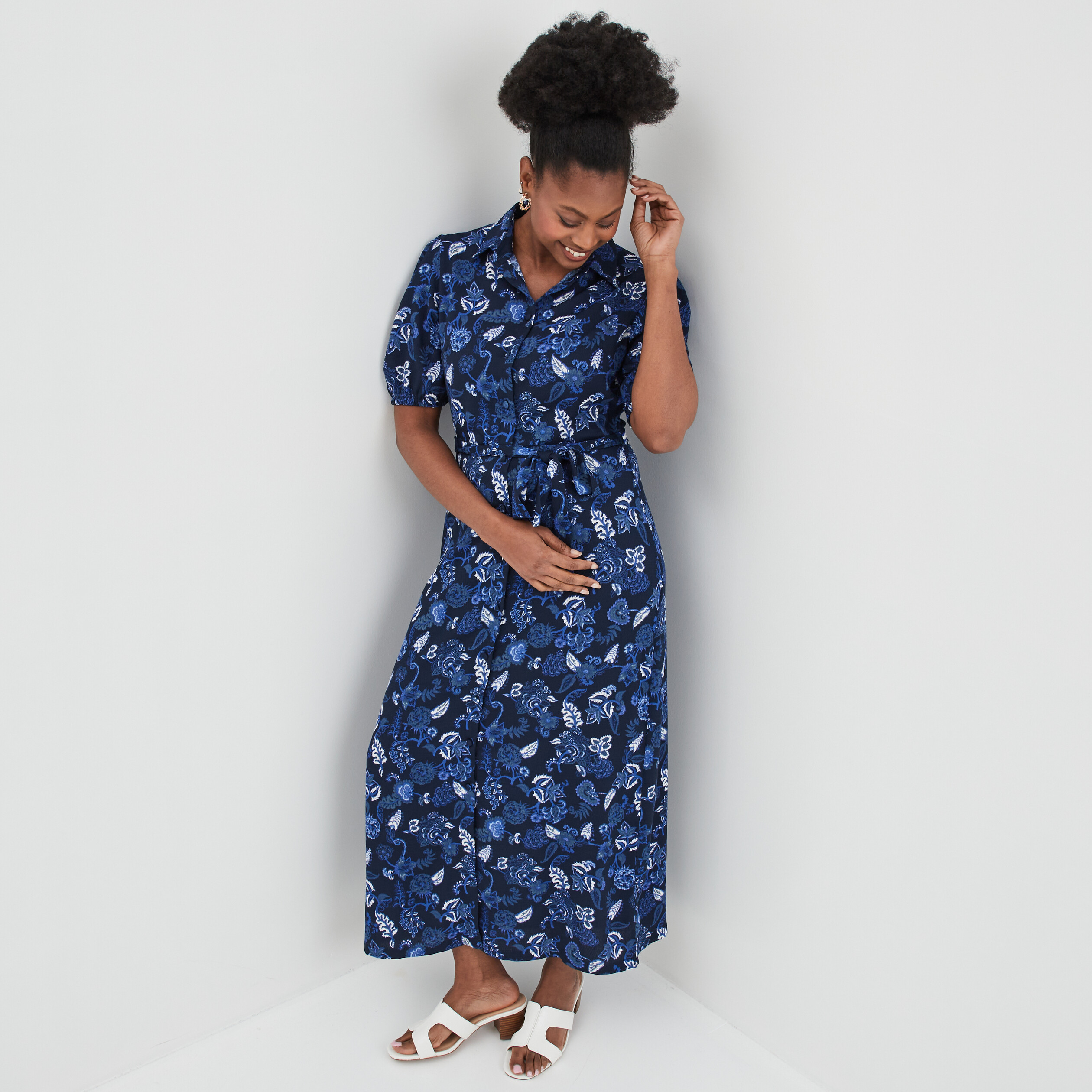 Robe longue chemise ceinturée Creeks bleu marine femme | La Halle