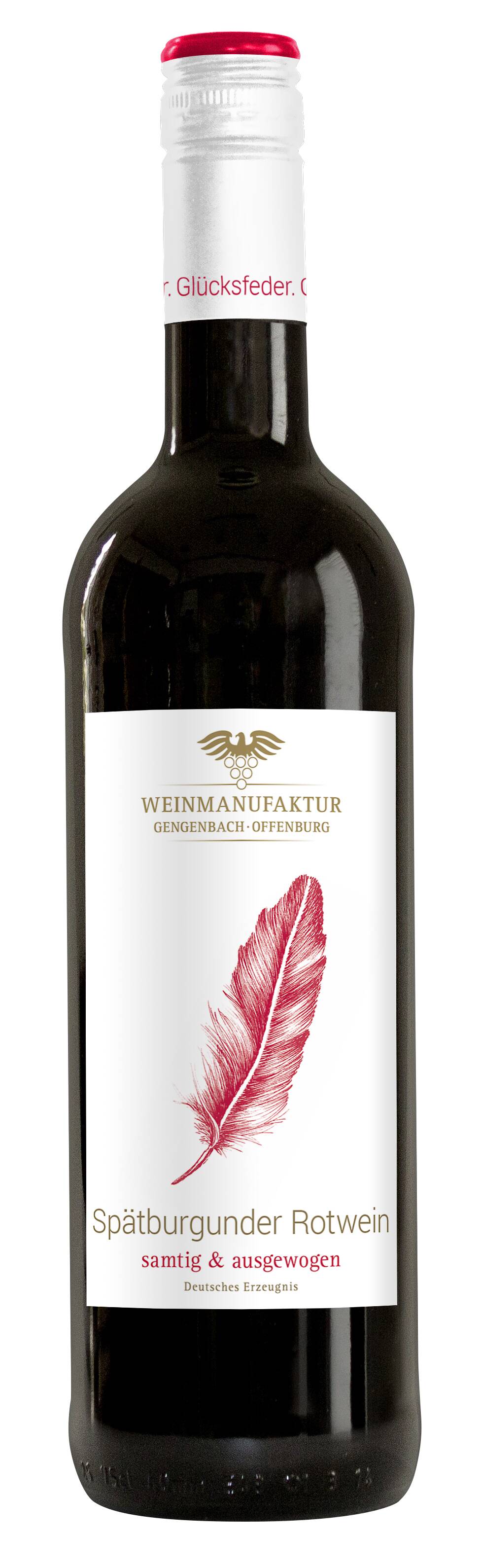 Weinmanufaktur Gengenbach-Offenburg Glücksfeder Spätburgunder Rotwein Qualitätswein feinherb 0,75L 2020