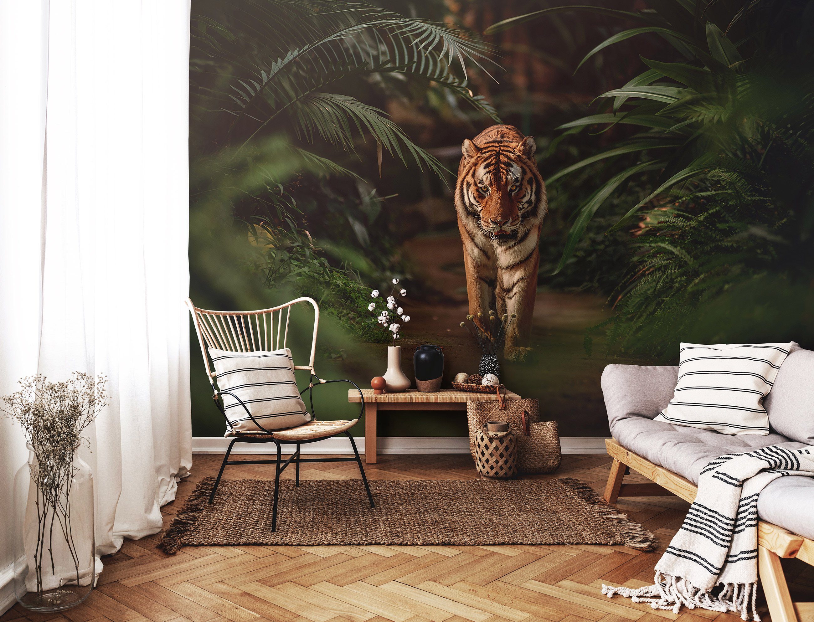Wallarena Fototapete Tiger Wald Dschungel 3D EFFEKT Vlies Tapete Wohnzimmer Schlafzimmer, Glatt, Tiere, Natur, Blätter, Vliestapete inklusive Kleister