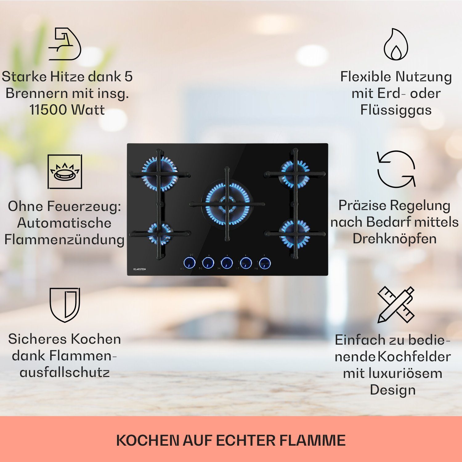 Klarstein Gas-Kochfeld Illuminosa 5 Gaskochfeld 5-flammig Sabaf-Brenner Glaskeramik CGCH6-Illuminosa-5, Gaskochfeld 5 flammen flammig Brenner Kochfeld