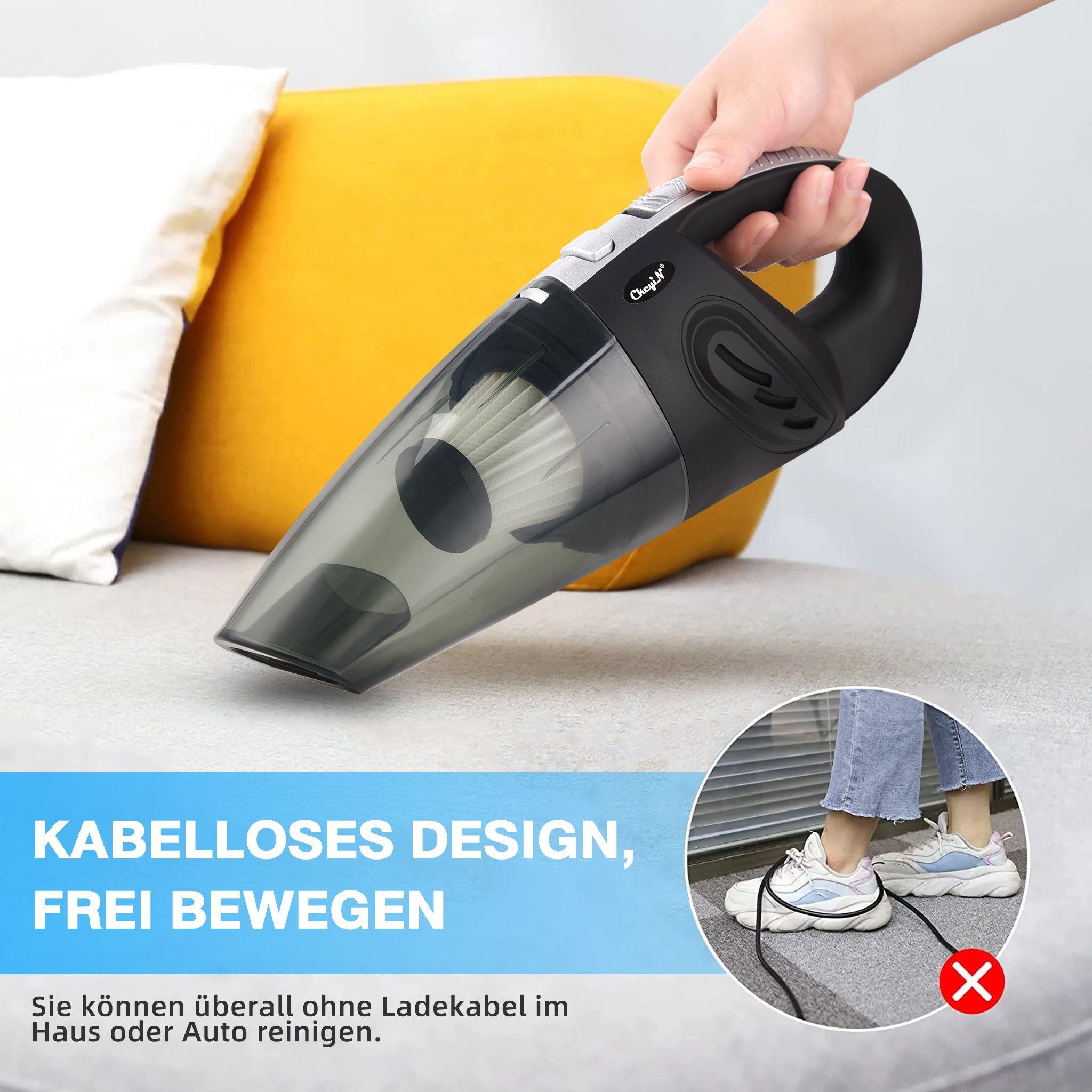 CkeyiN Akku-Handstaubsauger für Haus/Auto Kabellos Nass-Trocken-Nutzung Staubsauger, 120,00 W, mit Beutel, 20 Min. Laufzeit