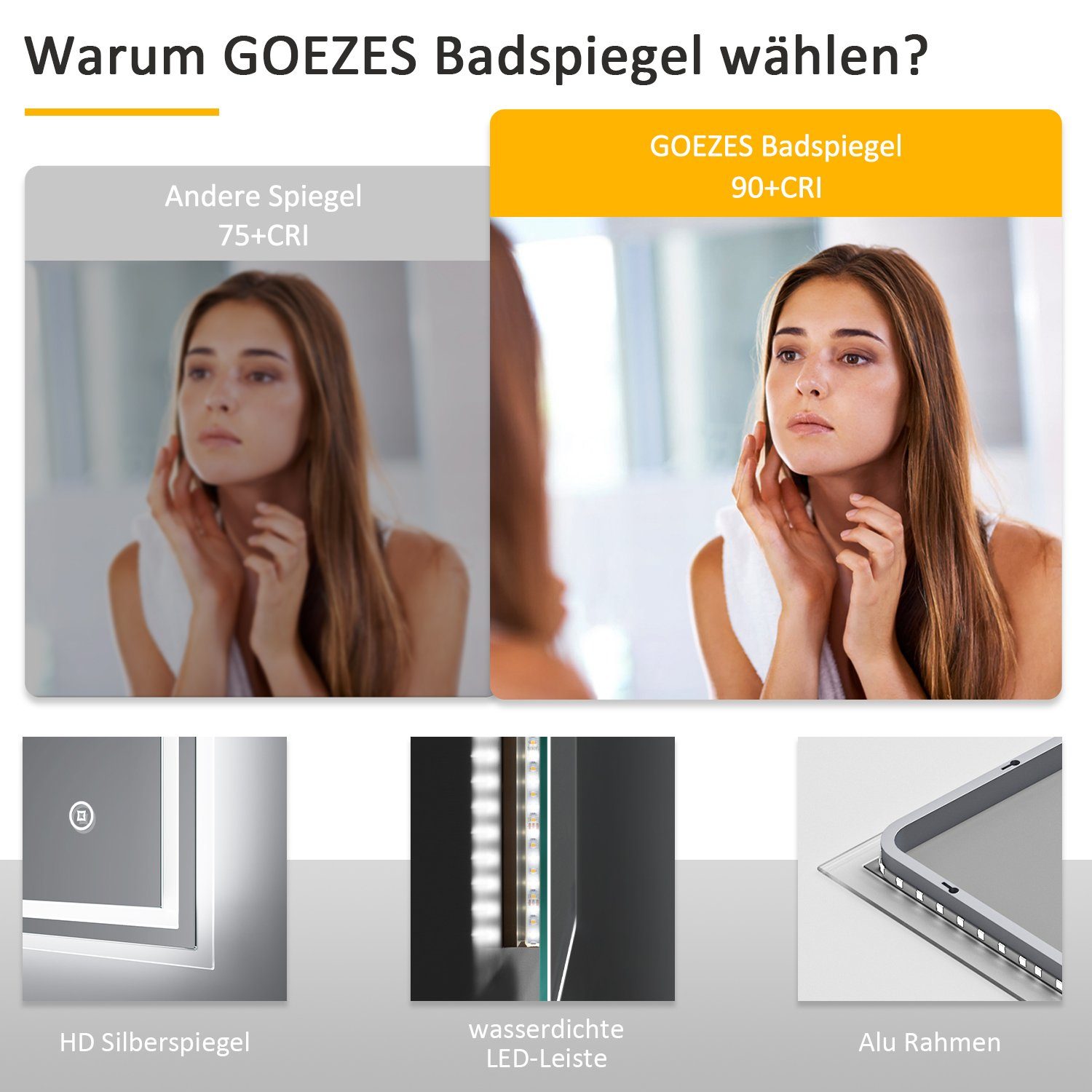 WDWRITTI Spiegel Bad mit uhr Touch Badspiegel mit beleuchtung 50x70 (Wandspiegel Helligkeit 3Lichtfarben, 3000-6500K), Speicherfunktion, IP44