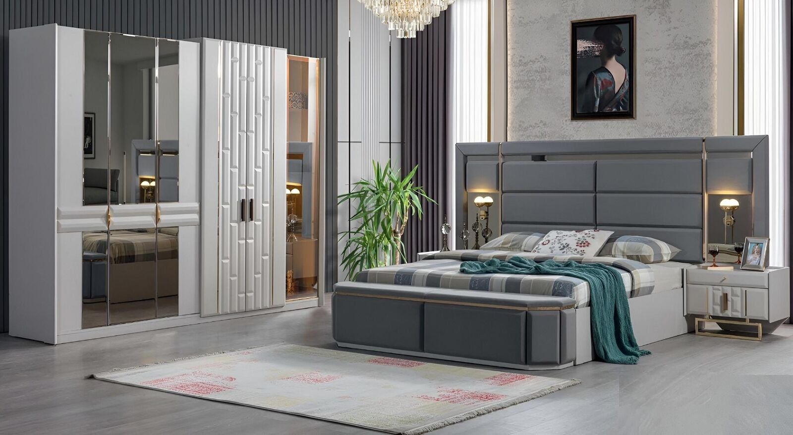 JVmoebel Schlafzimmer-Set Komplett Schlafzimmer Möbel Set Bett 2x Nachttisch Kleiderschrank Neu, (Bett / Kleiderschrank), Made In Europe