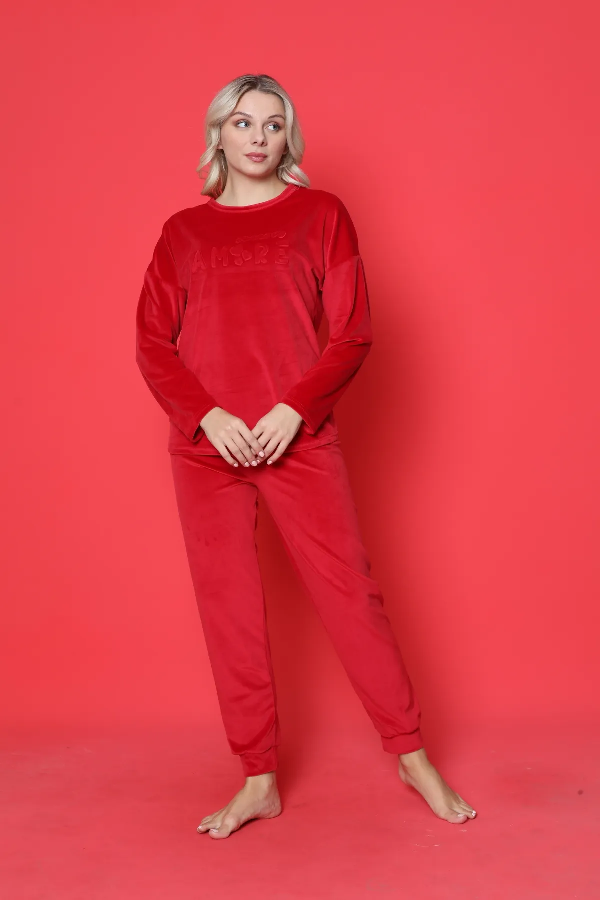 AHENGİM  Pyjama-Set für Jugendliche, französischer Samt, Amore, bedruckt, mit Spatenmanschette, Winter, saisonal, W20432250