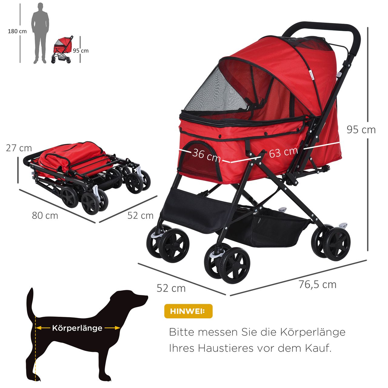 PawHut Hundebuggy Hundewagen für kleine Hunde Katzen Pet Stroller Oxford Rot