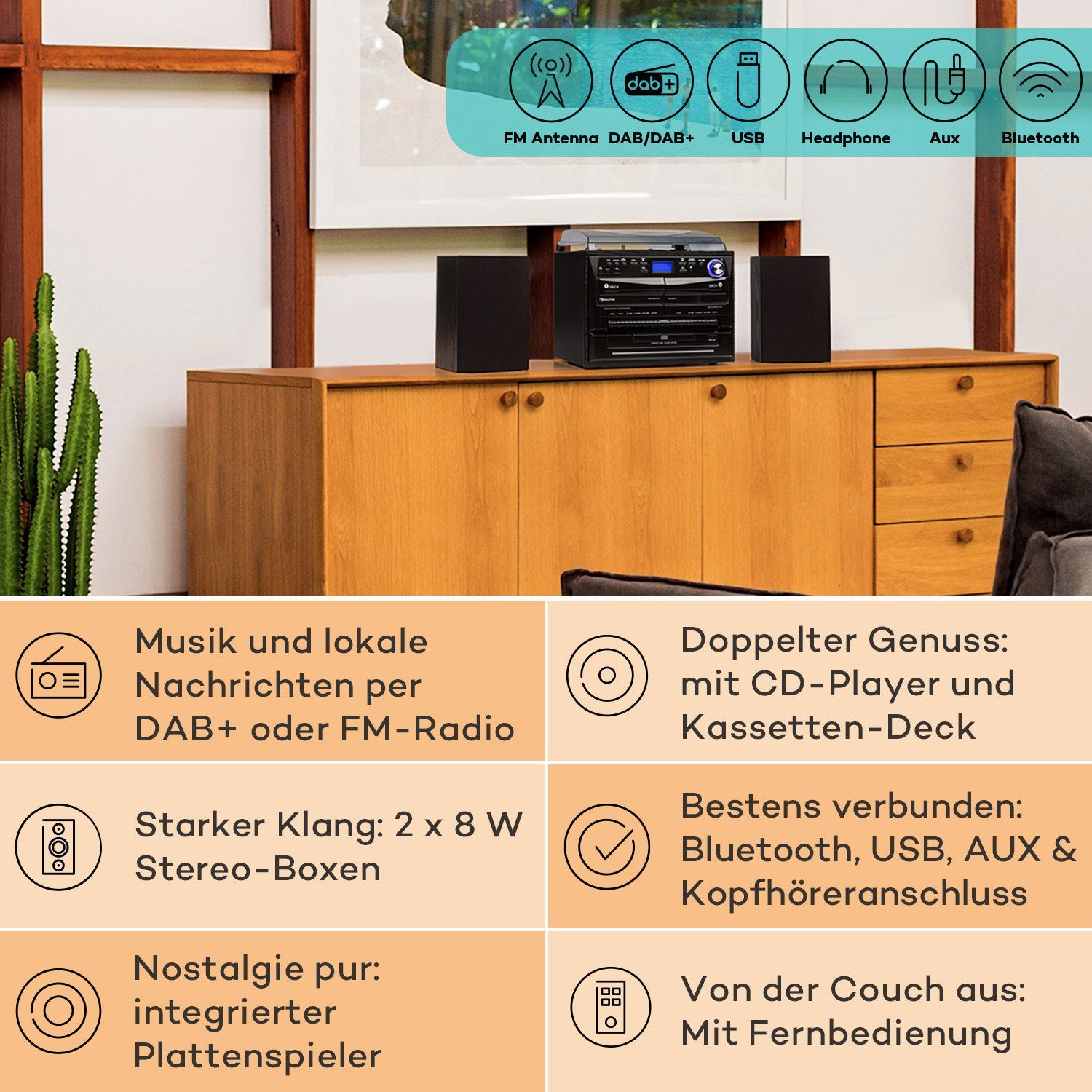 Auna 388-DAB+ Stereoanlage (FM und DAB+ Radiotuner, 10 W, Stereoanlage mit CD Player Vinyl Radio Musikanlage Kompaktanlage)