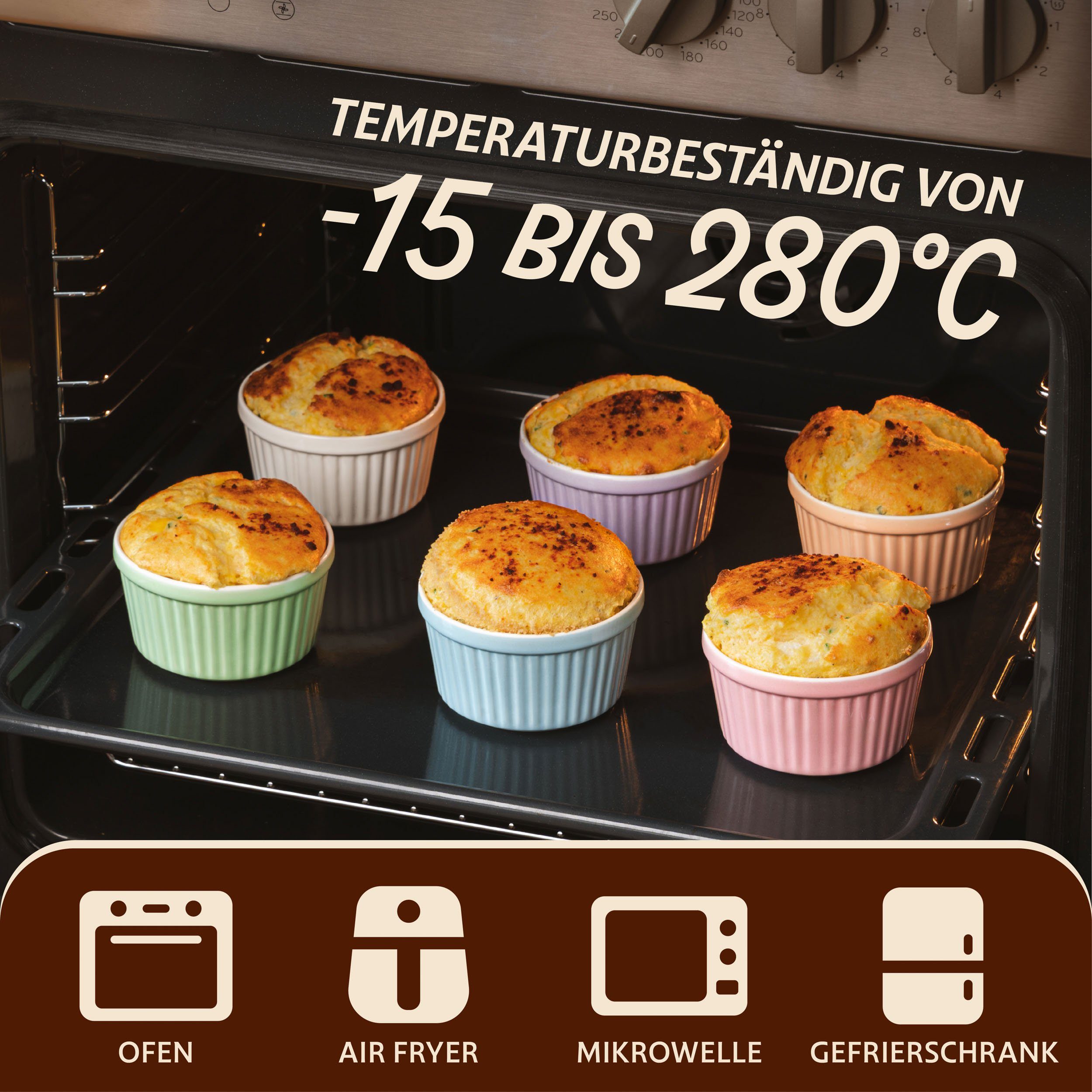 Praknu Auflaufform 6 Souffle Förmchen Ofenfest - Creme Brulee Schälchen - Kuchenbackform, Keramik, (6-St), Kuchenform Rund - Ineinander stapelbare Auflaufförmchen mit Antihaft