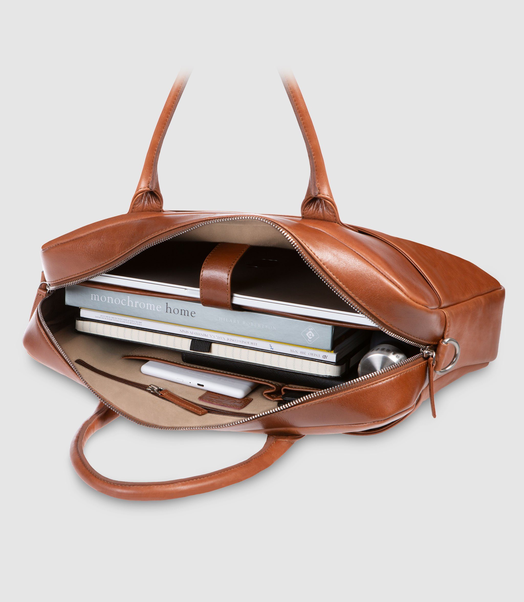 PURE Leather Studio Aktentasche Laptoptasche NAOS Cognac, Echtleder Businesstasche bis 15,6 Zoll Umhängetasche Herren