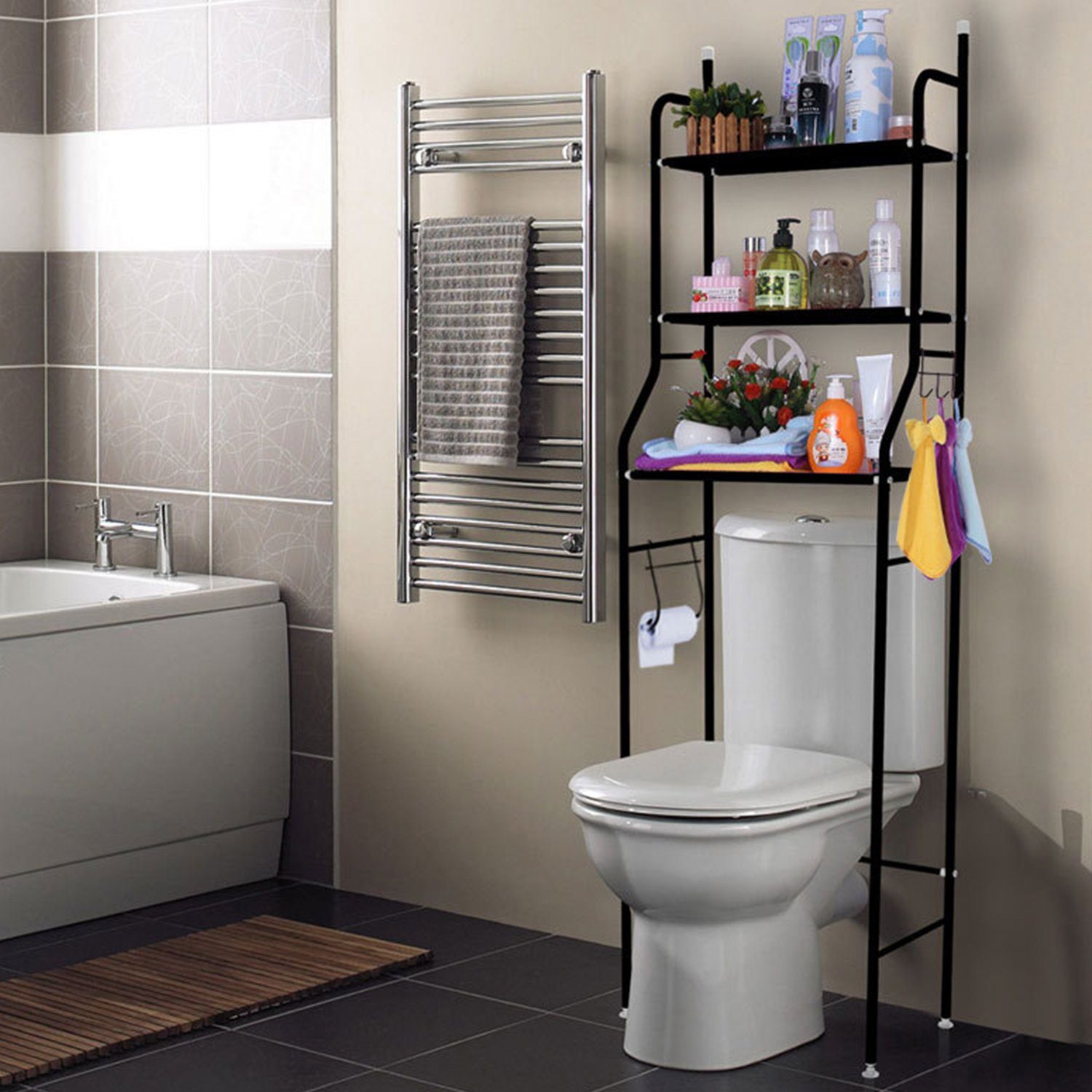 Vicbuy Badregal Standregal mit 3 Haken, 3 Etagen Stahl Toilettenregal, WC-Regal, Metall Badezimmerregal, Aufbewahrungsregal, Waschmaschinenregal, für Badezimmer, 153*48*26cm