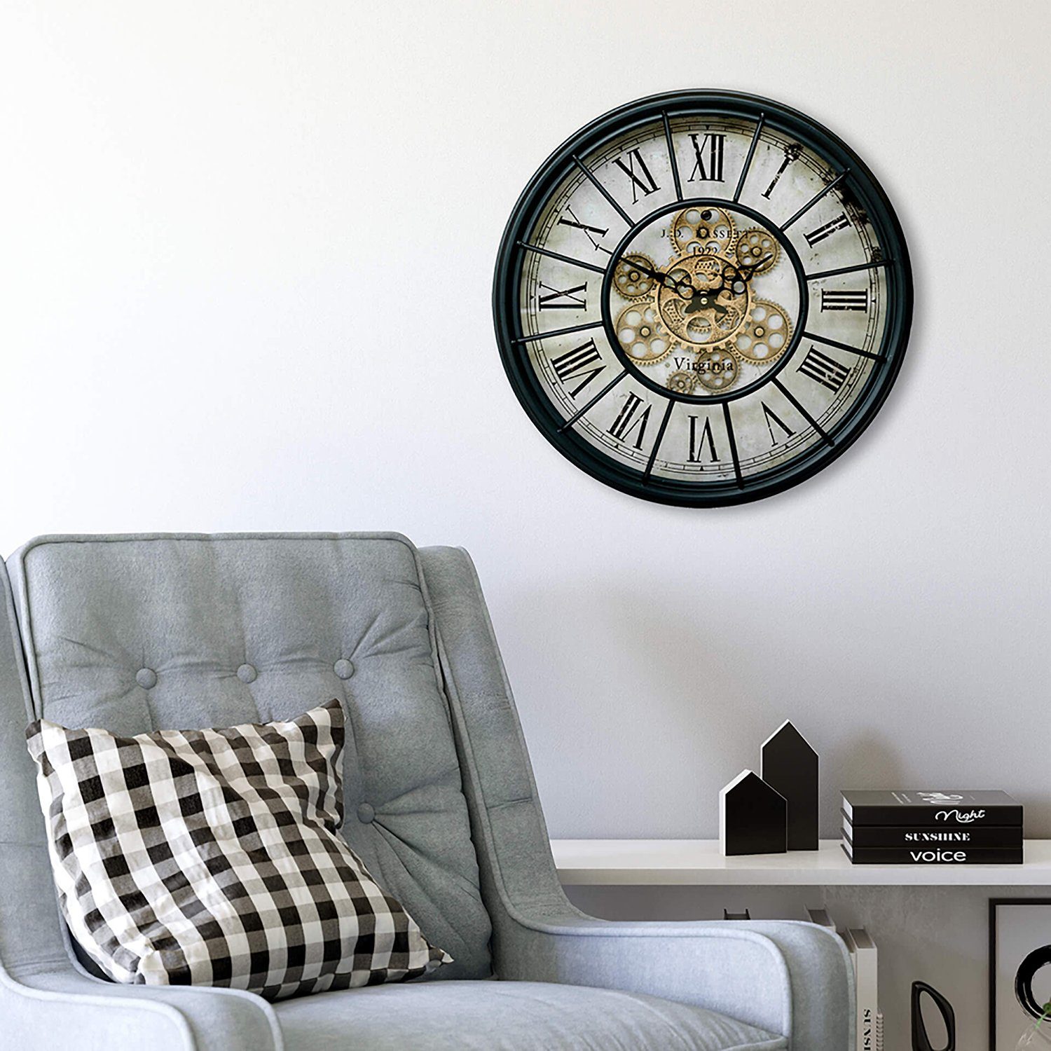 K&L Wall Art Wanduhr Metall Wanduhr 46cm groß Vintage Uhr rotierende goldene Zahnräder (Antik römische Ziffern Uhrwerk leise)