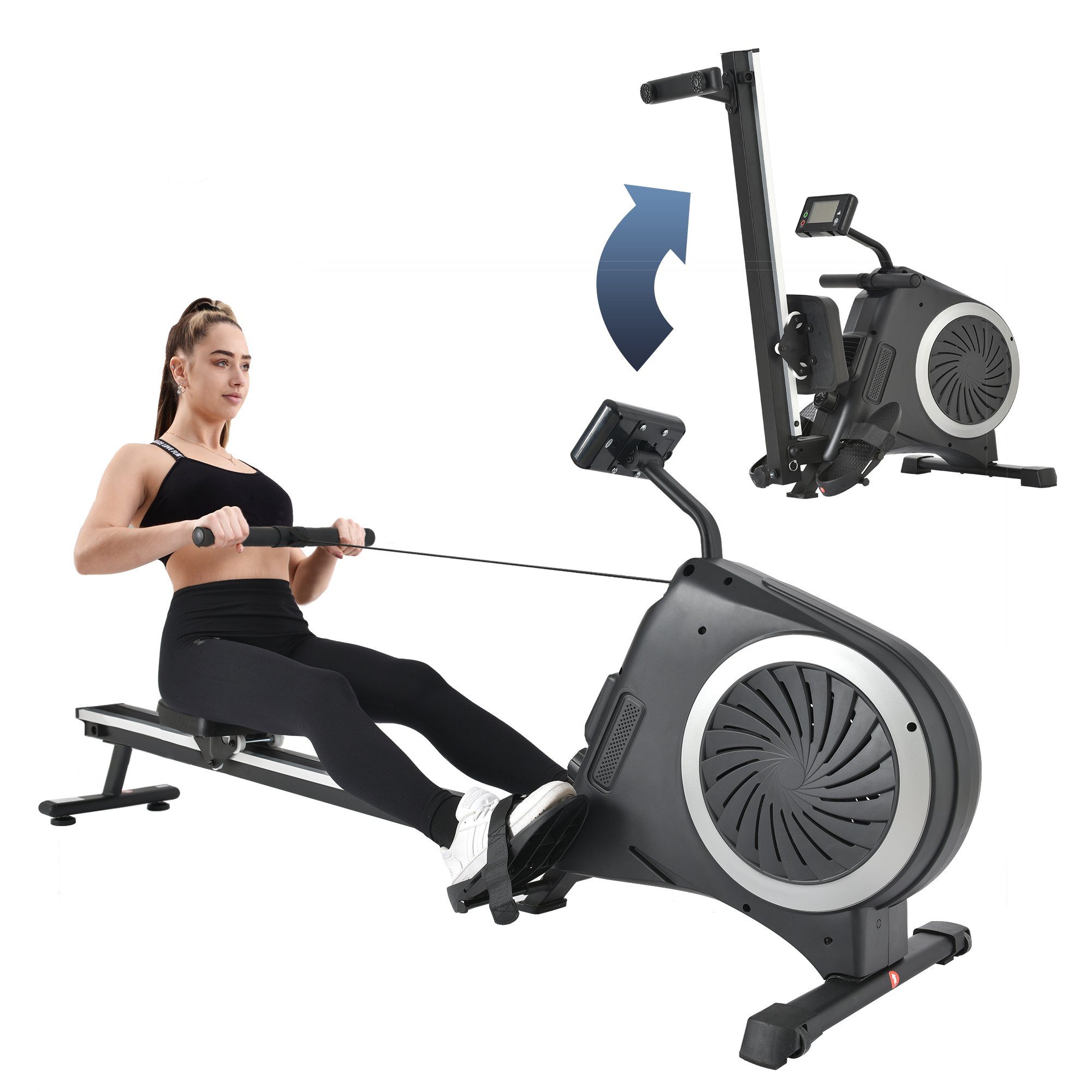 Merax Rudergerät klappbar mit Luftwiderstand, Air Rudergerät mit LCD-Display, Dual Magnet und Luft Widerstand Rudermaschine