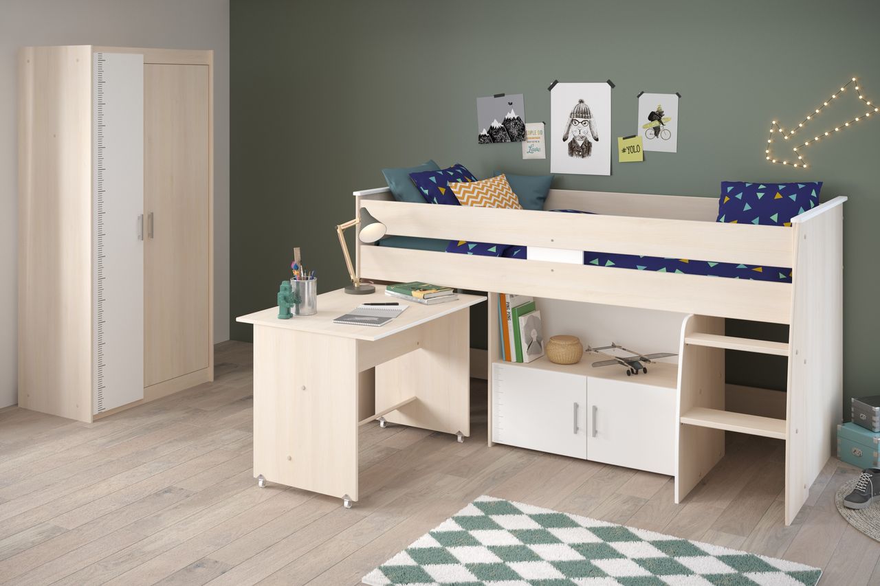 Parisot Hochbett mit 2-trg. Kleiderschrank, Charly 5 - mit ausziehbarem Schreibtisch