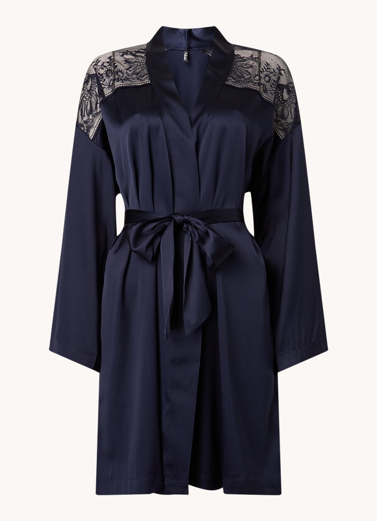 Kimono de mătase Aubade Midnight Whisper cu dantelă
