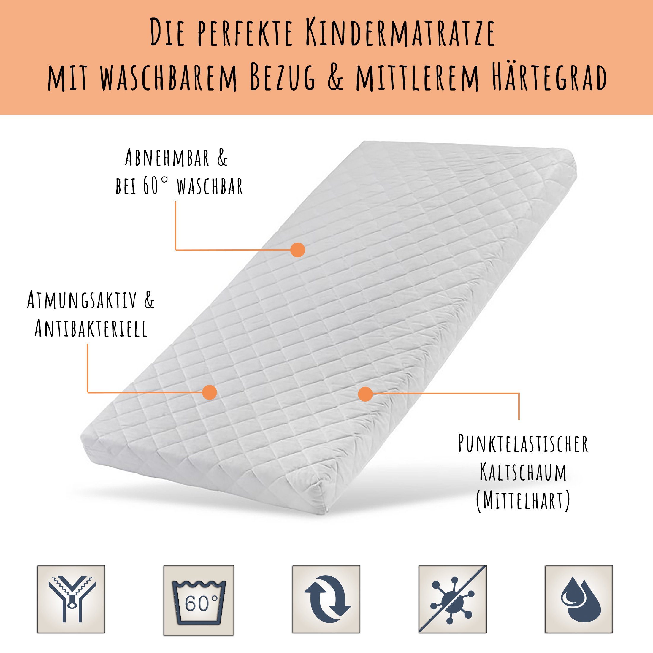 Kindermatratze mit waschbarem Bezug 60x120 70x140 80x160 80x180 90x200, Kids Collective, 10 cm hoch, optional mit Spannbettlaken aus 100% Baumwolle, Wendematratze