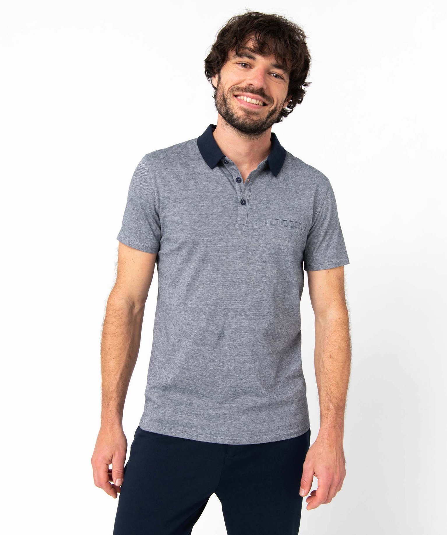 Polo homme à fines rayures et manches courtes bleu fonce | GEMO