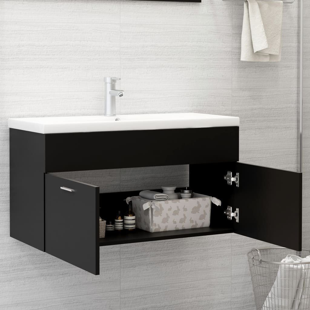 vidaXL Badezimmerspiegelschrank Waschbeckenunterschrank mit Einbaubecken Schwarz Holzwerkstoff (1-St)