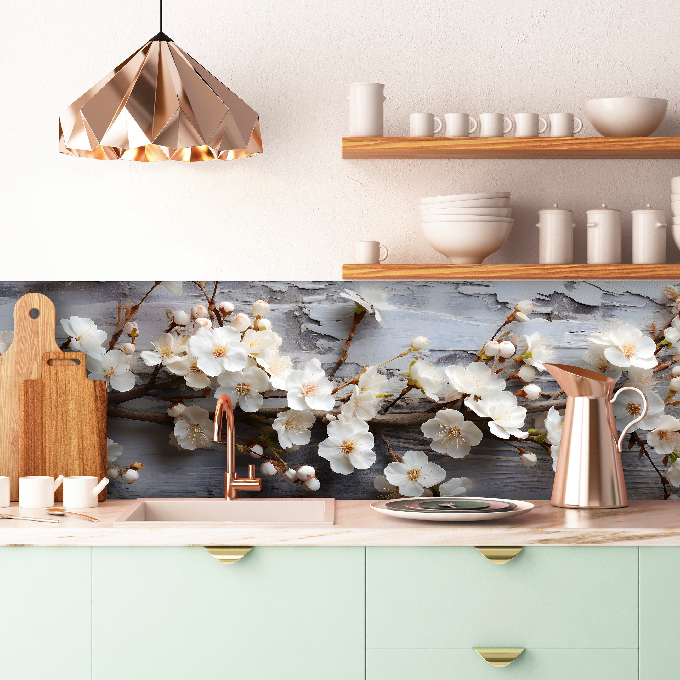 Wallarena Fototapete Küche Blumen Kirschblüten Beton Vlies Tapete Wandtapete 250x60 cm, Glatt Vlies, Abwaschbares Vlies, Modern, Tapete inklusive Kleister Vliestapete Motivtapete Laminiert Waschbar