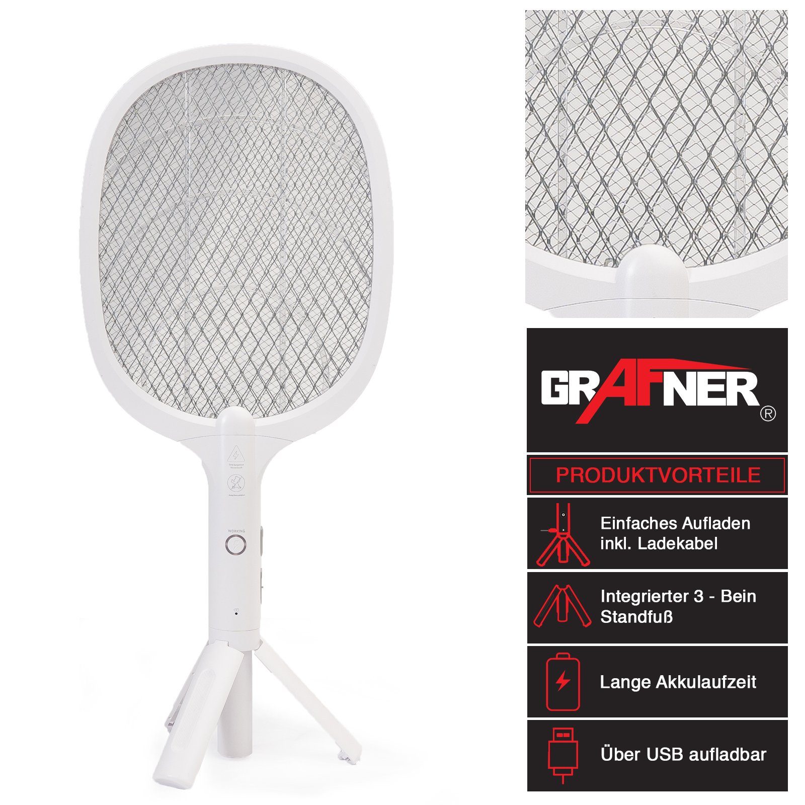 Grafner Moskitonetz elektrische Akku Fliegenklatsche USB UV LED FL11030 (Stk, 1 St., 1), L ca. 52 cm, B: ca. 21,5 cm, UV-LED-Licht, aufladbarer Akku, 1200 mAh