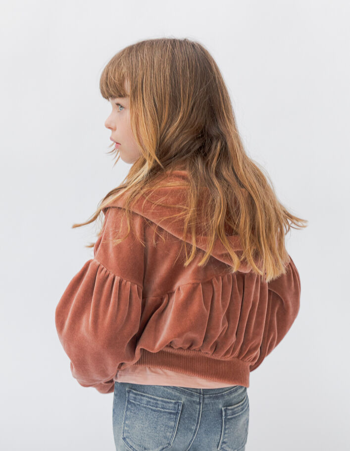 Cardigan rose cuivré maille velours à capuche fille