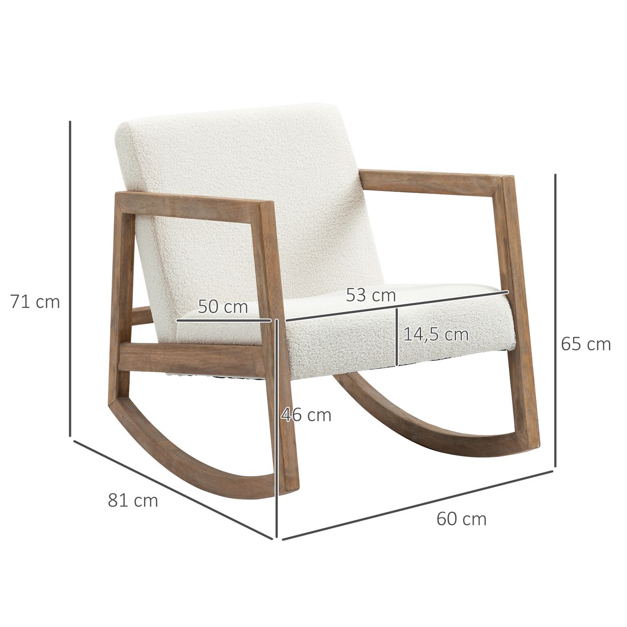 HOMCOM Schaukelstuhl mit Holzrahmen gepolstert Relax Stuhl Sessel Stuhl Wohnzimmersessel Lounge mit gepolsterter Sitzfläche Kautschukholz Cremeweiß 60 x 81 x 71 cm
