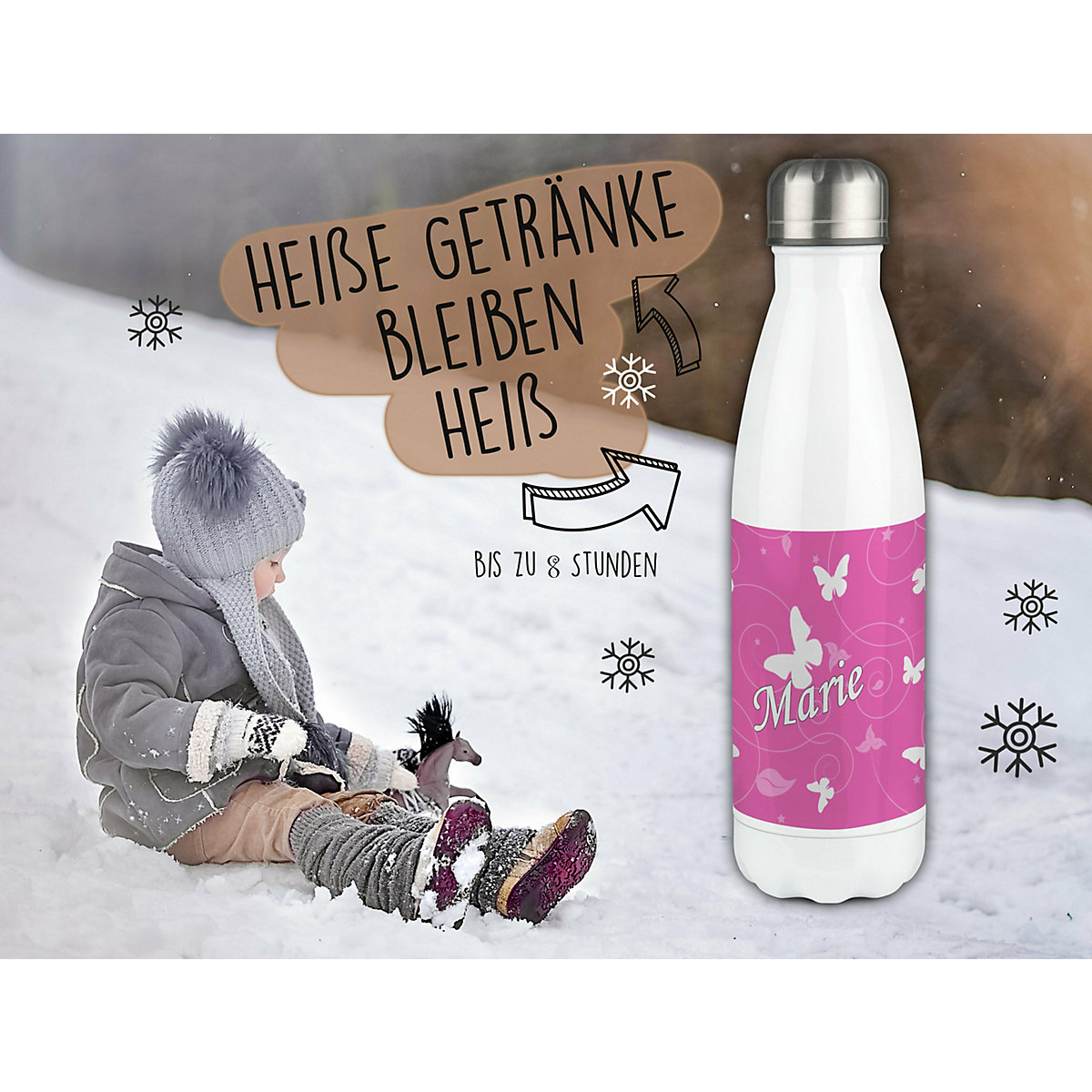 Edelstahl Kinder Thermoflasche / Trinkflasche bunt Schmetterling Ornamente Farbe rosa Spülmaschinenfest, Auslaufsicher, Bruchfest, Doppelwandig, Für Heißgetränke geeignet, Mit Deckel, Isoliert