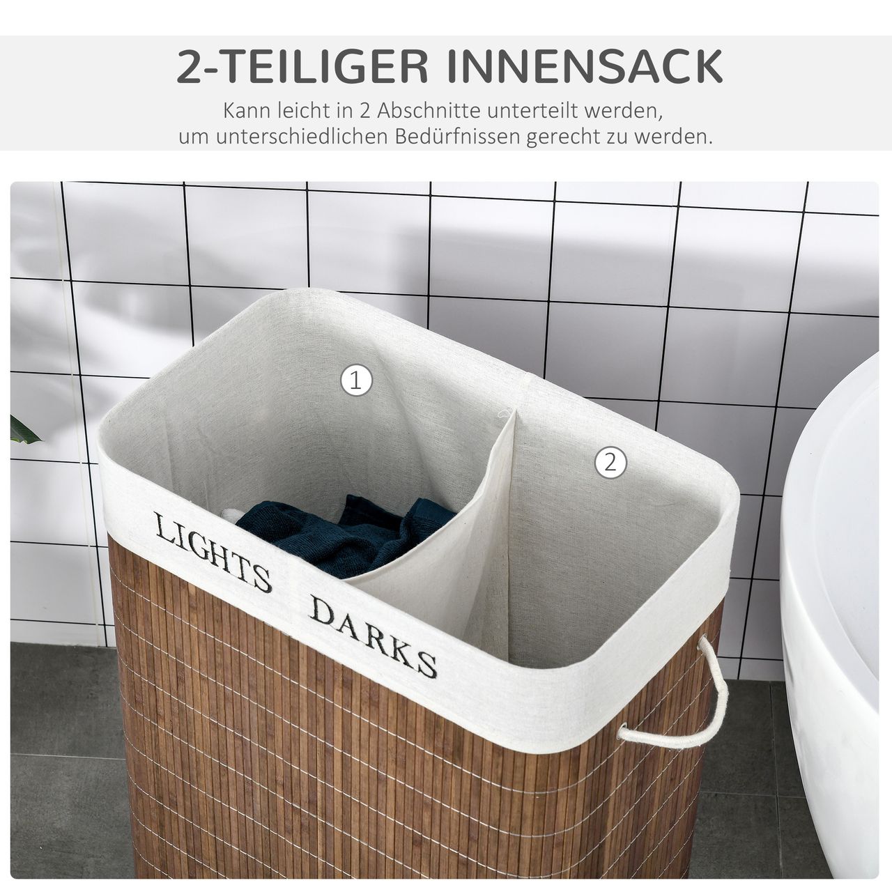 HOMCOM Wäschebox Wäschekorb abnehmbar mit 3 Griffe Polyester Metall Braun Weiß