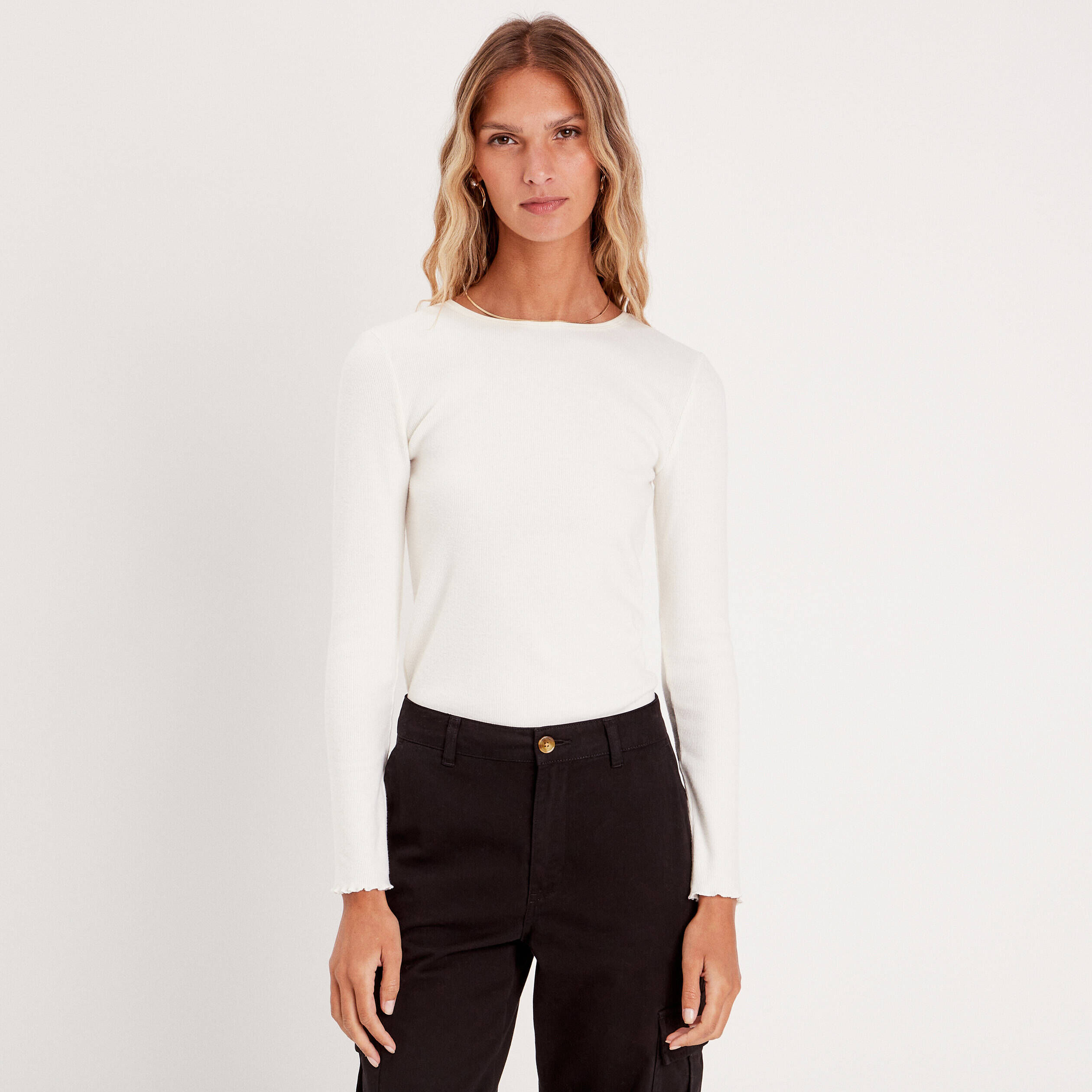 T-shirt côtelé bord vague ecru femme | Cache Cache