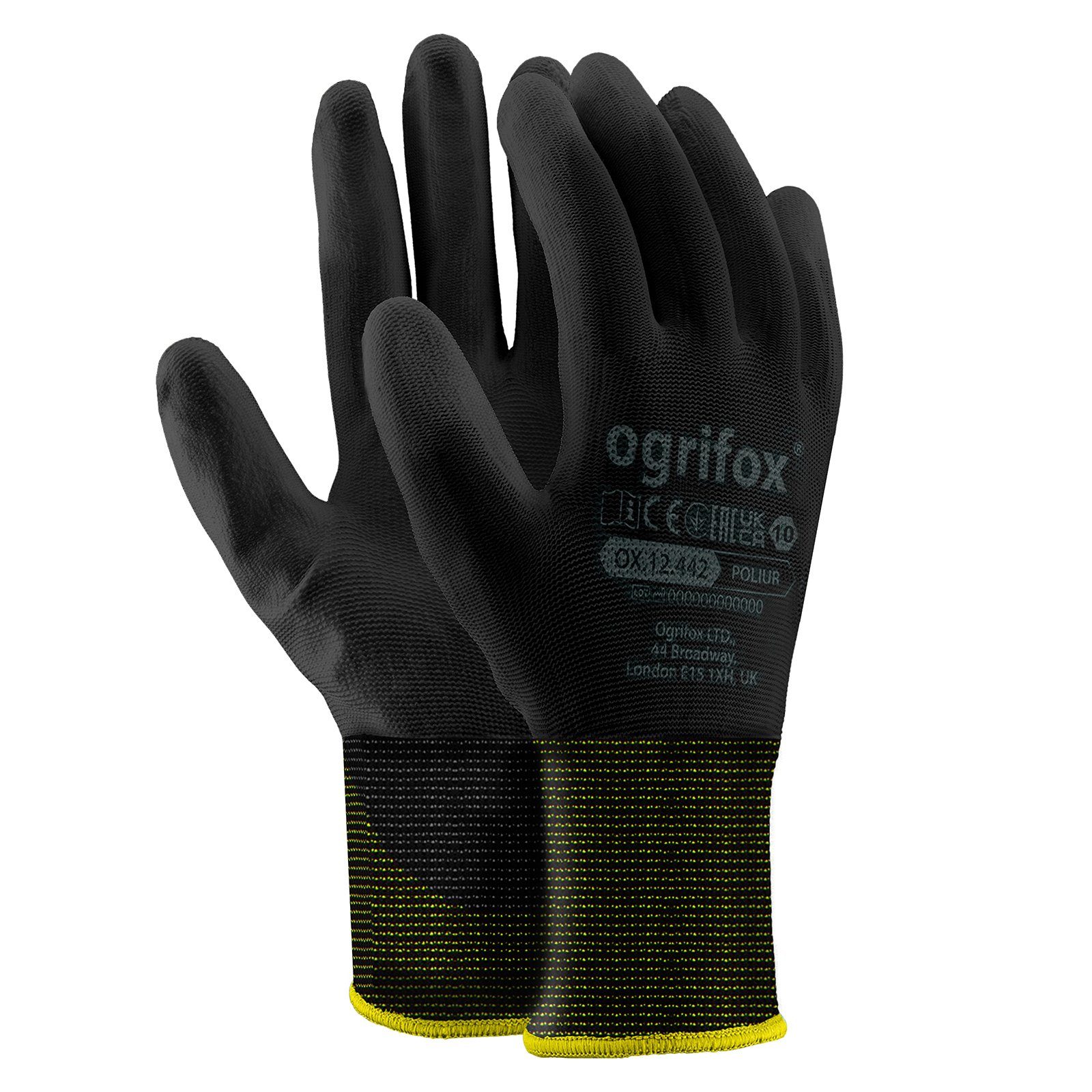Midori Arbeitshandschuh-Set 12 Paar Montagehandschuh Schutzhandschuh Polyester, Polyurethan Beschichtet Schwarz Größe XL (Nr.10)