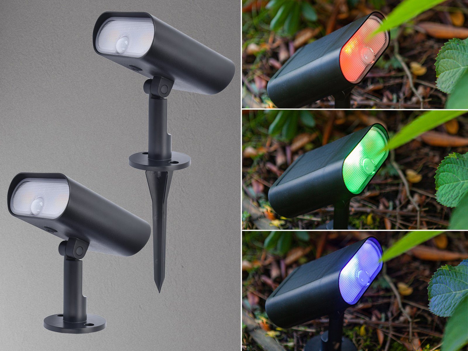 meineWunschleuchte LED Gartenstrahler, Bewegungsmelder, LED fest integriert, Warmweiß - Tageslichtweiß & RGB, 2er SET Solarstrahler, Solarlicht Garten beleuchten m. RGB Farbwechsel
