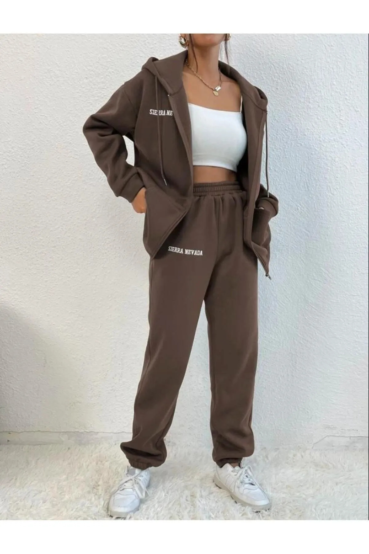 Know  Brauner Sierra Nevada bedruckter Cardigan-Jogger-Trainingsanzug für Damen