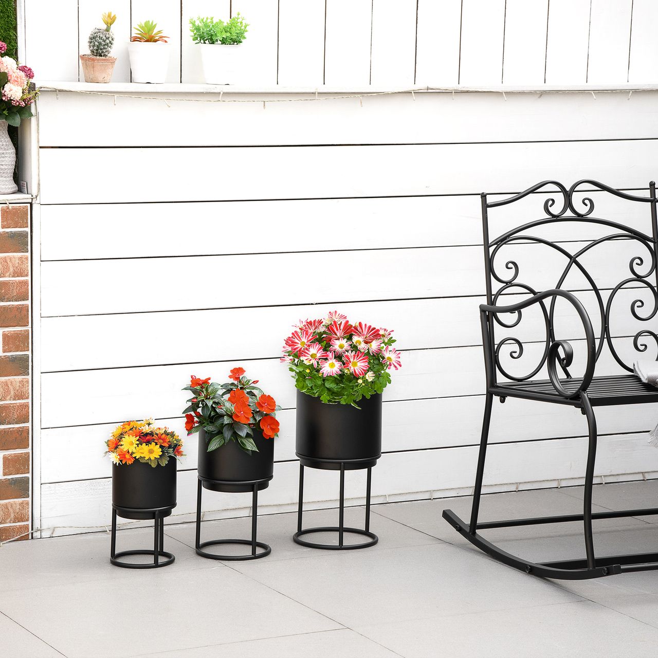 Outsunny 3er Set Blumenständer mit Blumentopf aus Metall Pflanzenständer Set Blumenhocker Blumentopfhalter Pflanzenhocker Schwarz