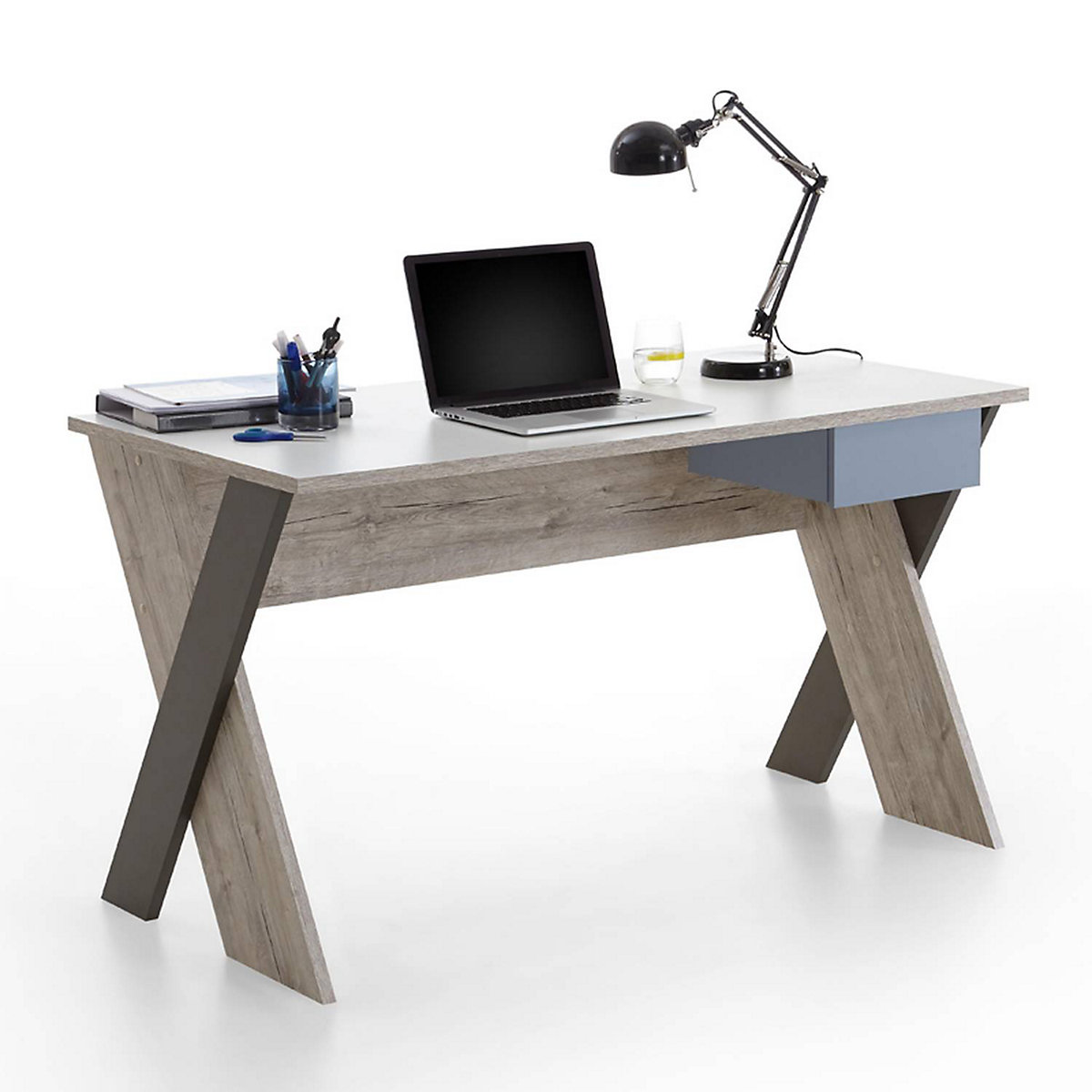 Schreibtisch LEEDS-10 Sandeiche Nb./weiß/Lava/Denim, B x H x T ca. 135 x 76,4 x 67,5 cm
