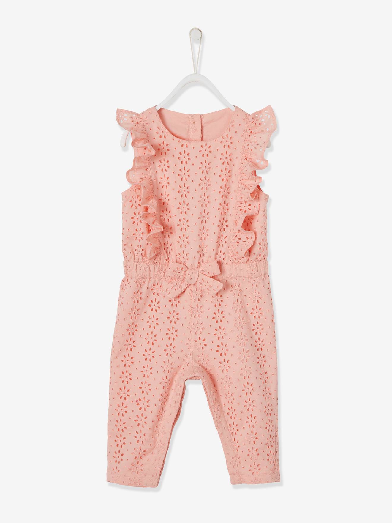 Combinaison volantée en broderie anglaise bébé fille rose pâle