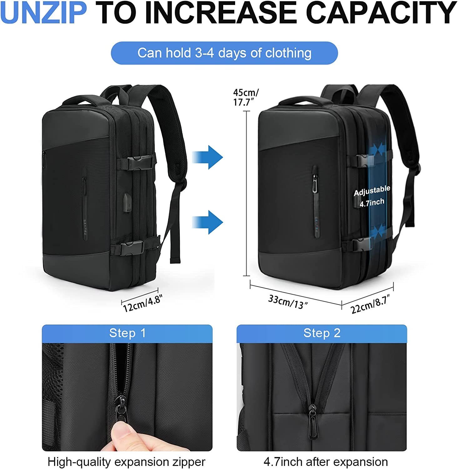 Directin Reiserucksack Reiserucksack, Lässiger Tagesrucksack Schultasche, Laptop Rucksack (26-40L, Für Laptop bis 15,6,16,17 Zoll, mit USB-Lade-Anschluss), mit 2 Laptopfach (passend für ein 15,6