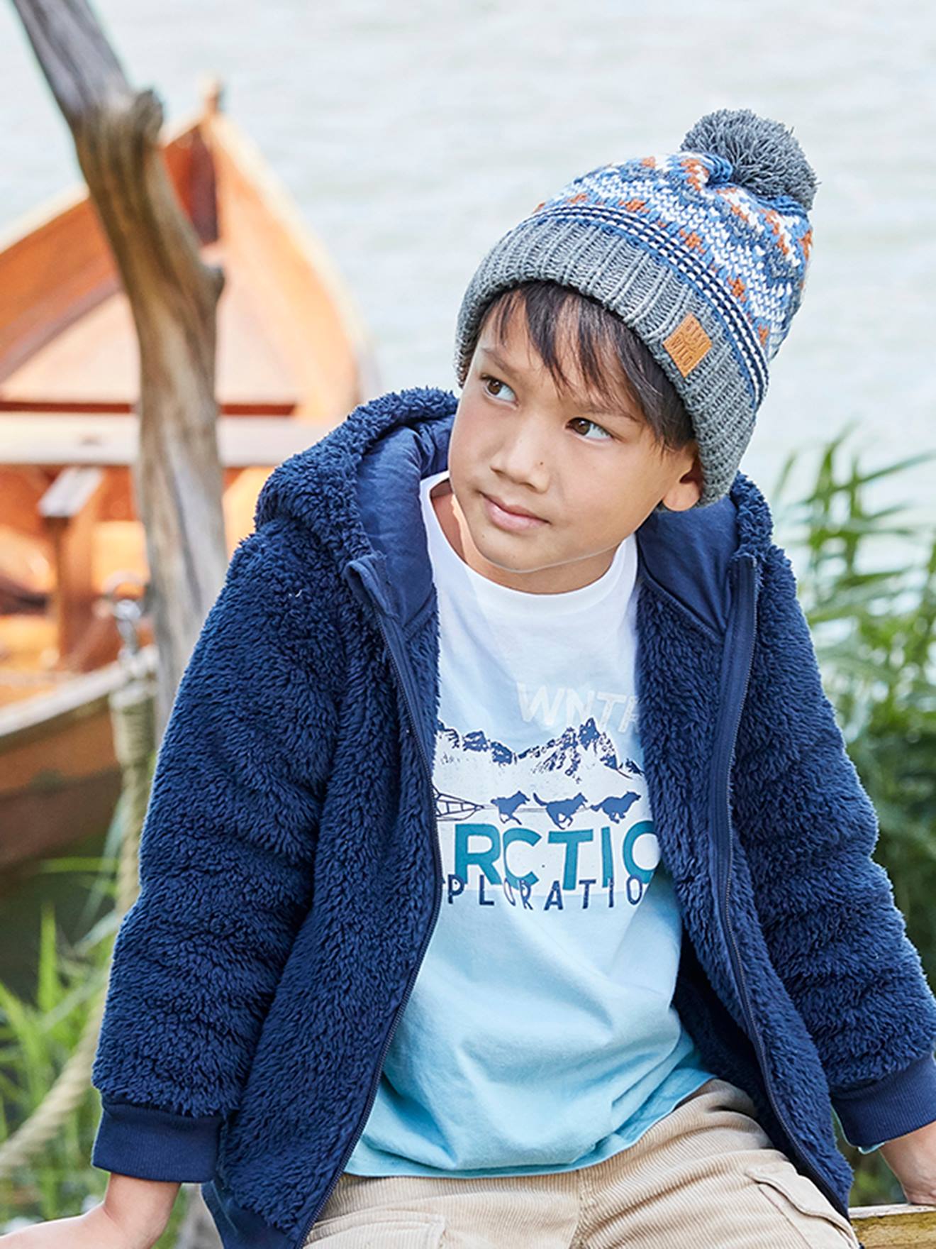 Ensemble garçon bonnet + snood + gants bleu chiné