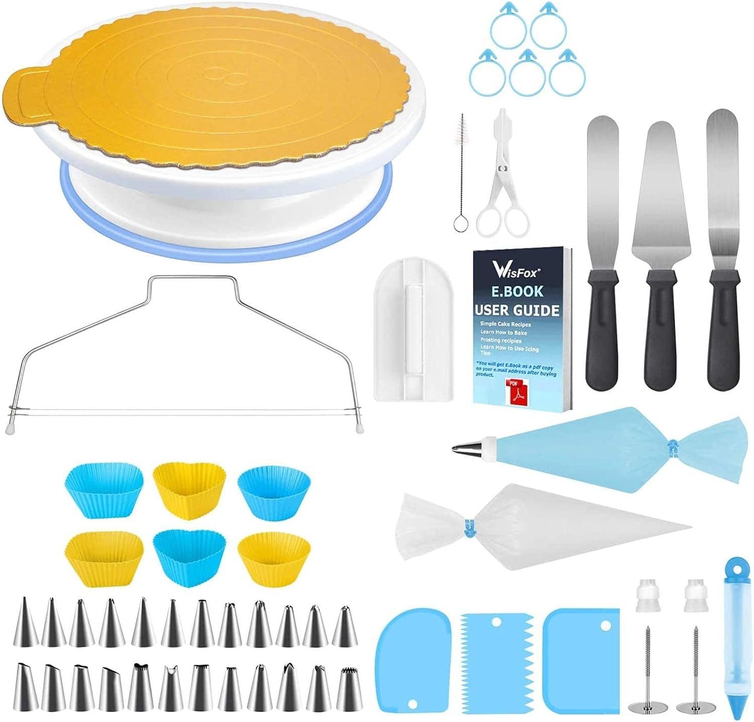 Diyarts Tortenwerkzeug, (Tortenplatte Drehbar Tortenständer Kuchen, 103-tlg., Drehteller inklusive 50 Einweg Spritzbeutel), mit 24 Düsen,2 Spatel, 1 Kuchenschneider,3 Schaber