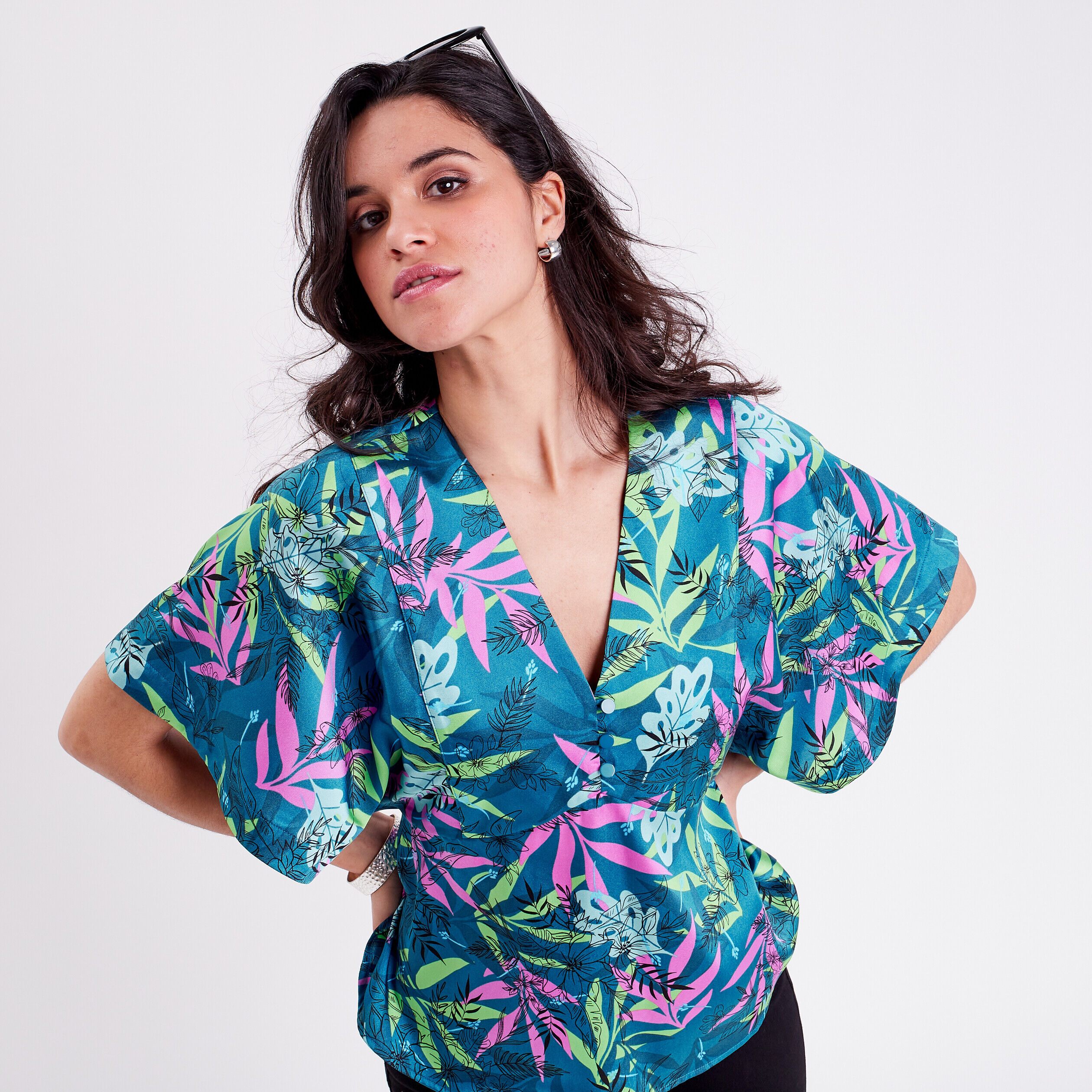 Blouse évasée manches 3/4 bleu femme | Cache Cache