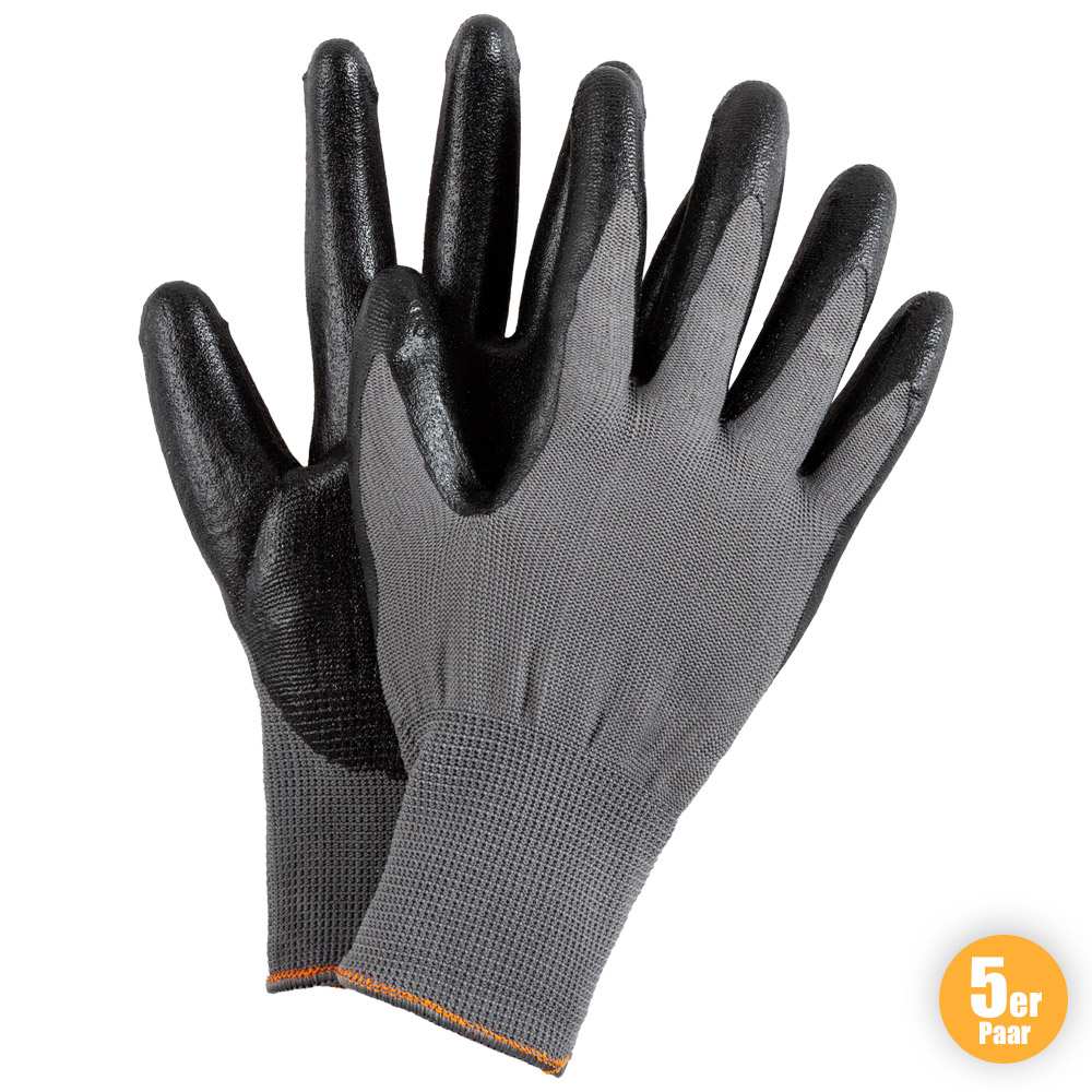 Powertec Garden Gartenhandschuhe, Größe XL, Grau/Schwarz - 5 Paar