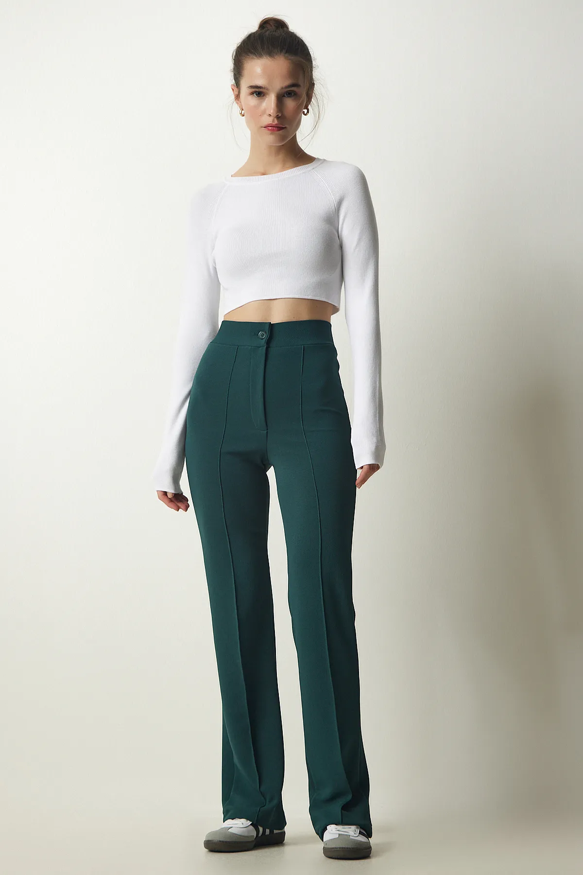 Happiness İstanbul  Smaragdgrüne bequeme Strickhose aus Lycra mit hoher Taille für Damen RV00090