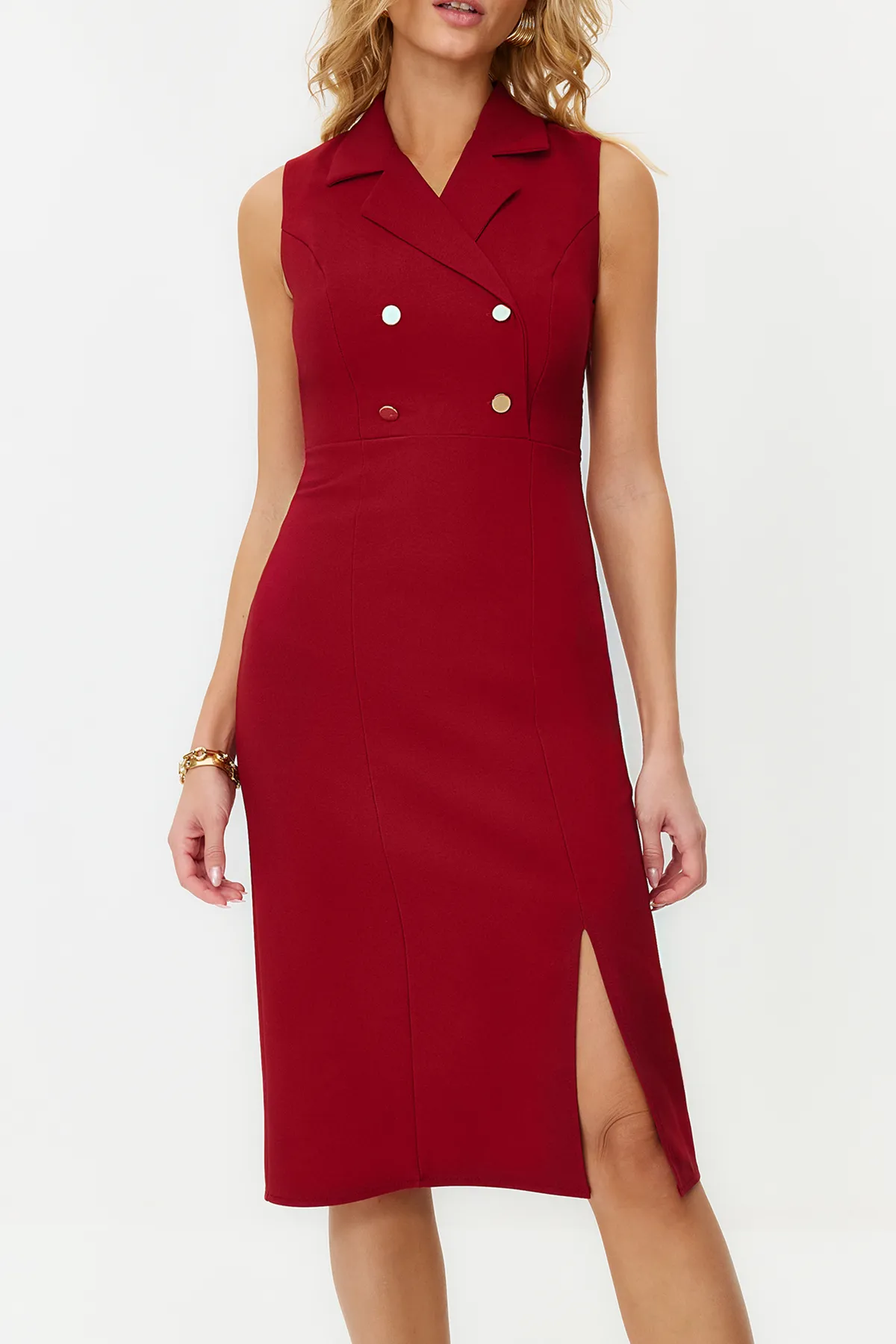 Trendyol Collection  Burgunderfarbenes, figurbetontes Midi-Webkleid mit Knöpfen und Schlitz, TWOSS23EL02256