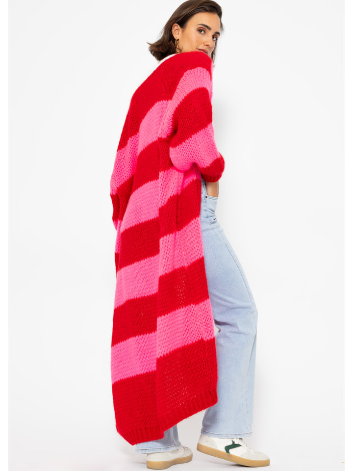 SASSYCLASSY Langer Cardigan mit Blockstreifen in Rot günstig kaufen