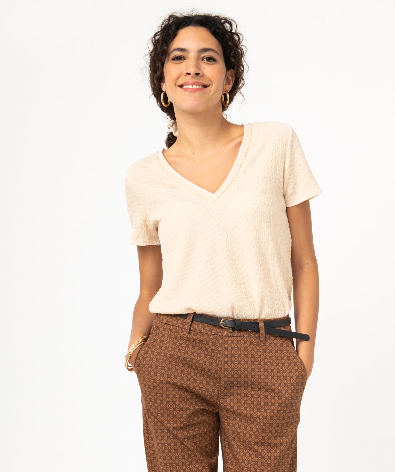 Tee-shirt à manches courtes et col V femme ecru | GEMO