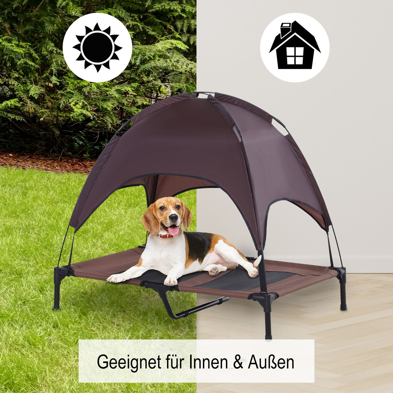 PawHut Haustierbett mit Baldachin Erhöhtes Hundebett Hundeliege outdoor Kaffee
