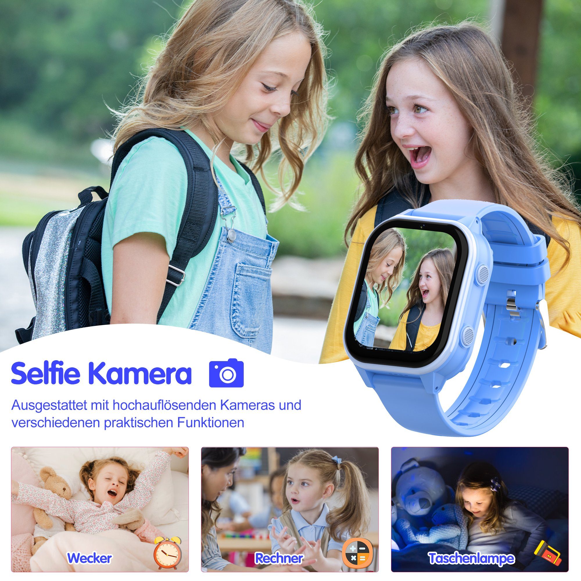 Tisoutec Kinder Smartwatch Telefon,Anrufe,Nachrichten,SOS-Funktion, Smartwatch (1.85 cm), Touchscreen Kinder Smartwatch, Smartwatch Telefon für Kinder - 4G, Kamera,telefonieren, SMS empfangen