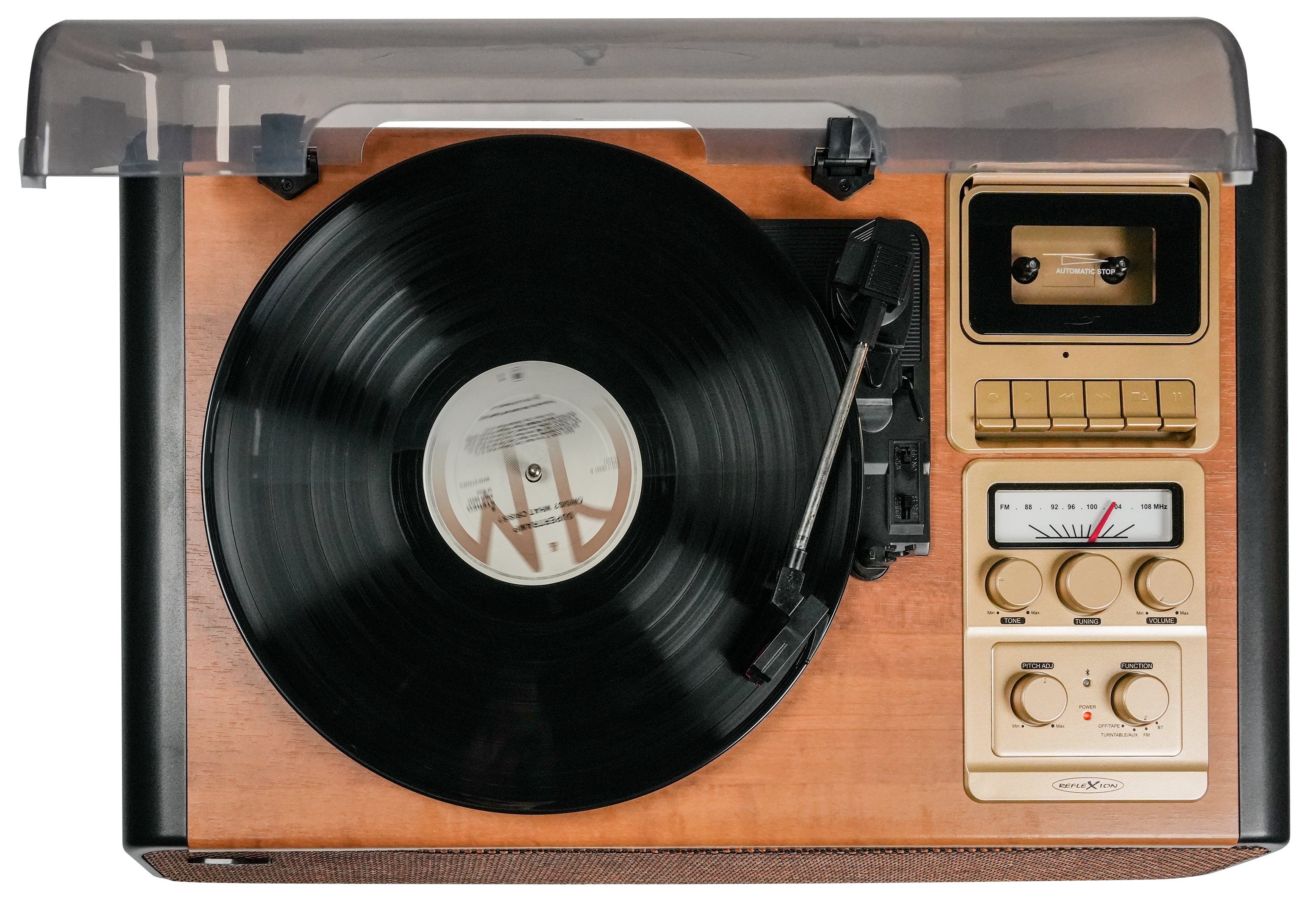 Reflexion HIF1975BT Radioplattenspieler (Bluetooth, Echtholzgehäuse, Bluetooth, Kassette, UKW/MW, 2x24 Watt Musikleistung)